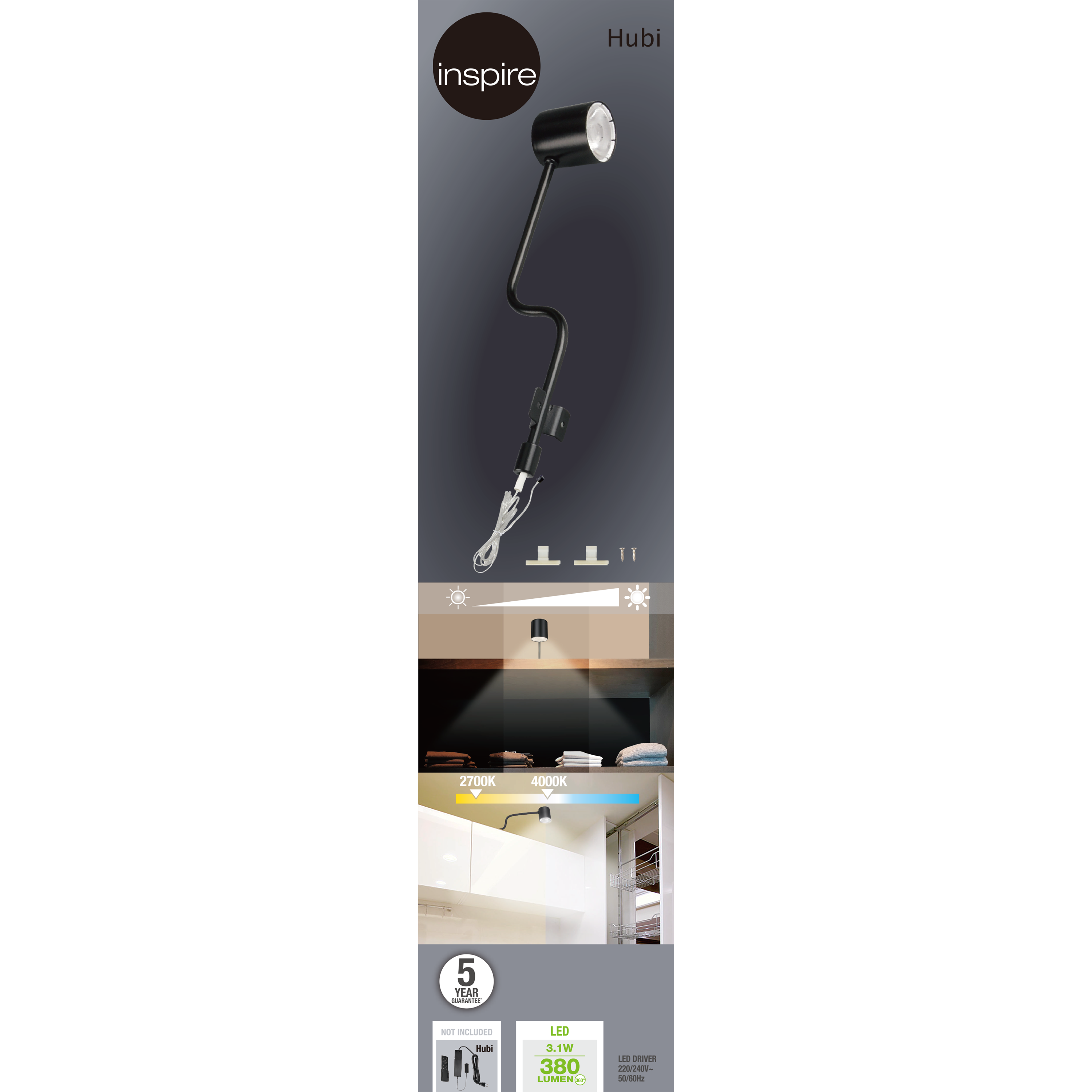 Spot dessus de meuble Hubi module led, blanc chaud à blanc neutre, noir INSPIRE - 10