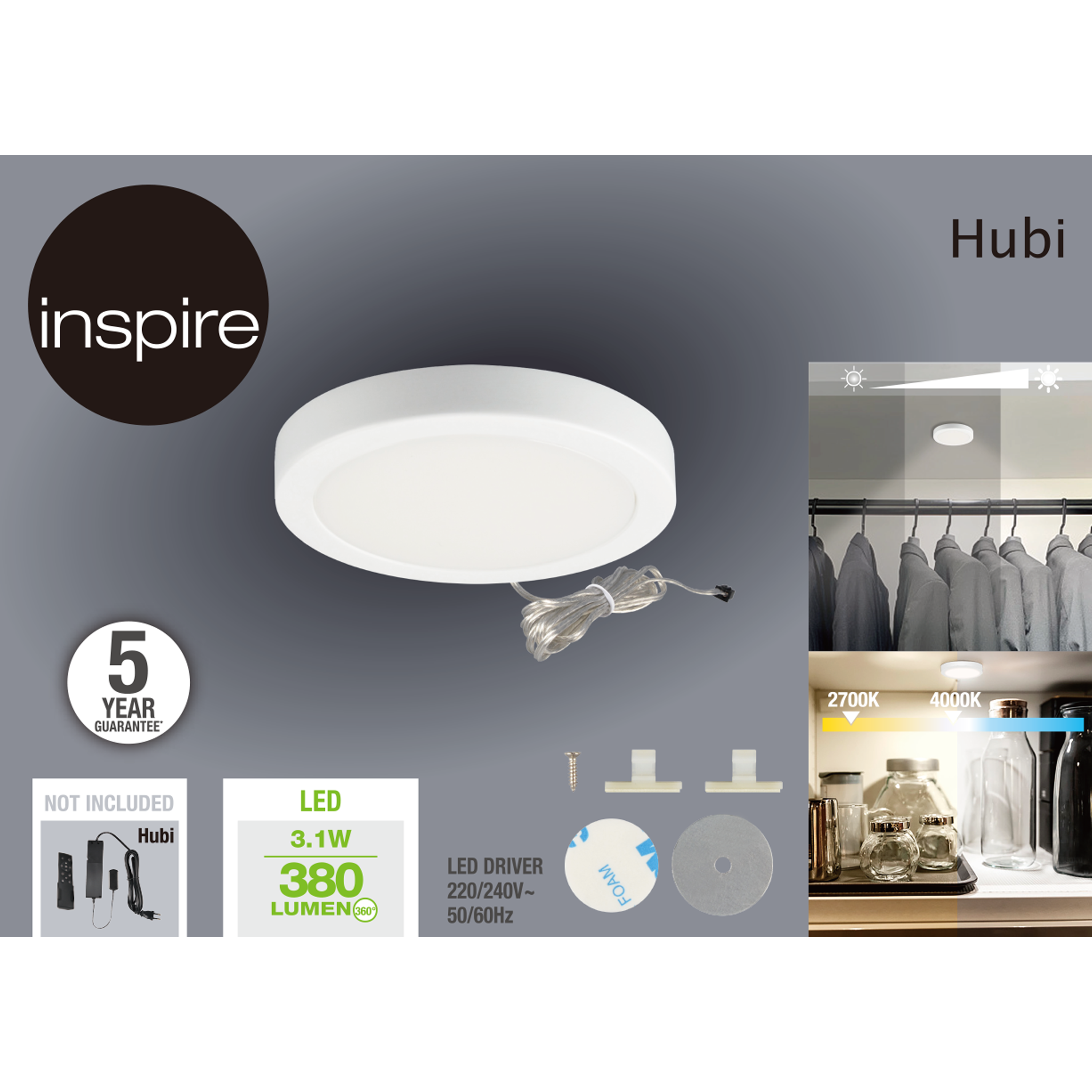 Kit de 1 spot à fixer LED Hubi, blanc chaud / blanc neutre, blanc INSPIRE - 4