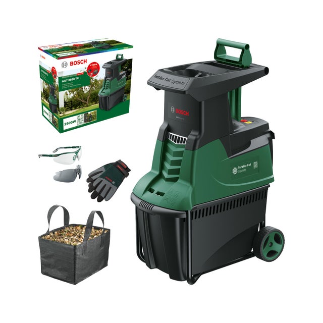 Broyeur végétaux électrique BOSCH AXT 2550 TC, 2500W ø45mm + sac/gants/lunettes
