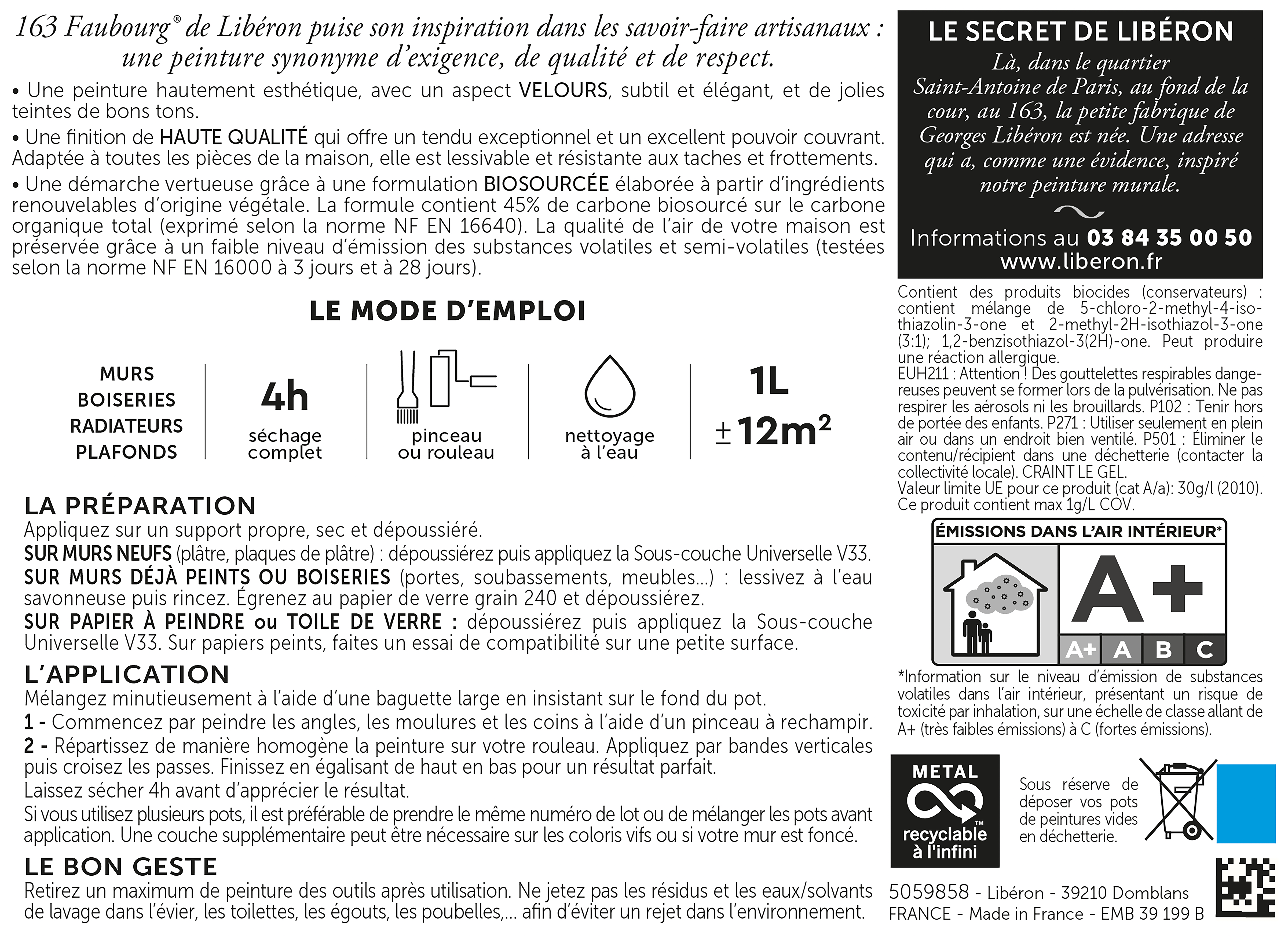 Peinture mur, boiserie bleu zingueur velours LIBÉRON 163 faubourg 2.5L - 4