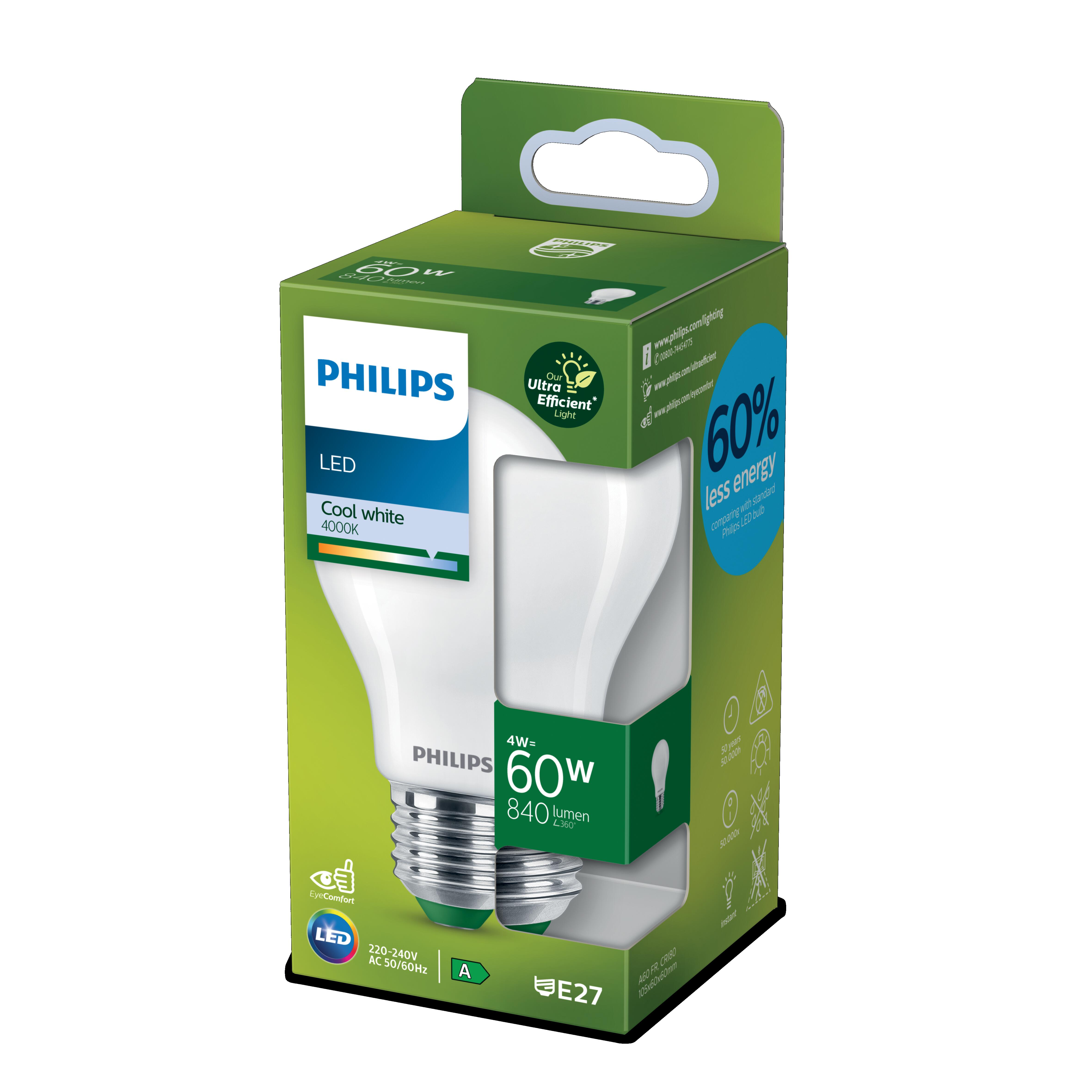 Lampadina LED, E27 goccia, trasparente, luce naturale, 4W= 840 LM (equiv 60 W), classe energetica A, PHILIPS - 4