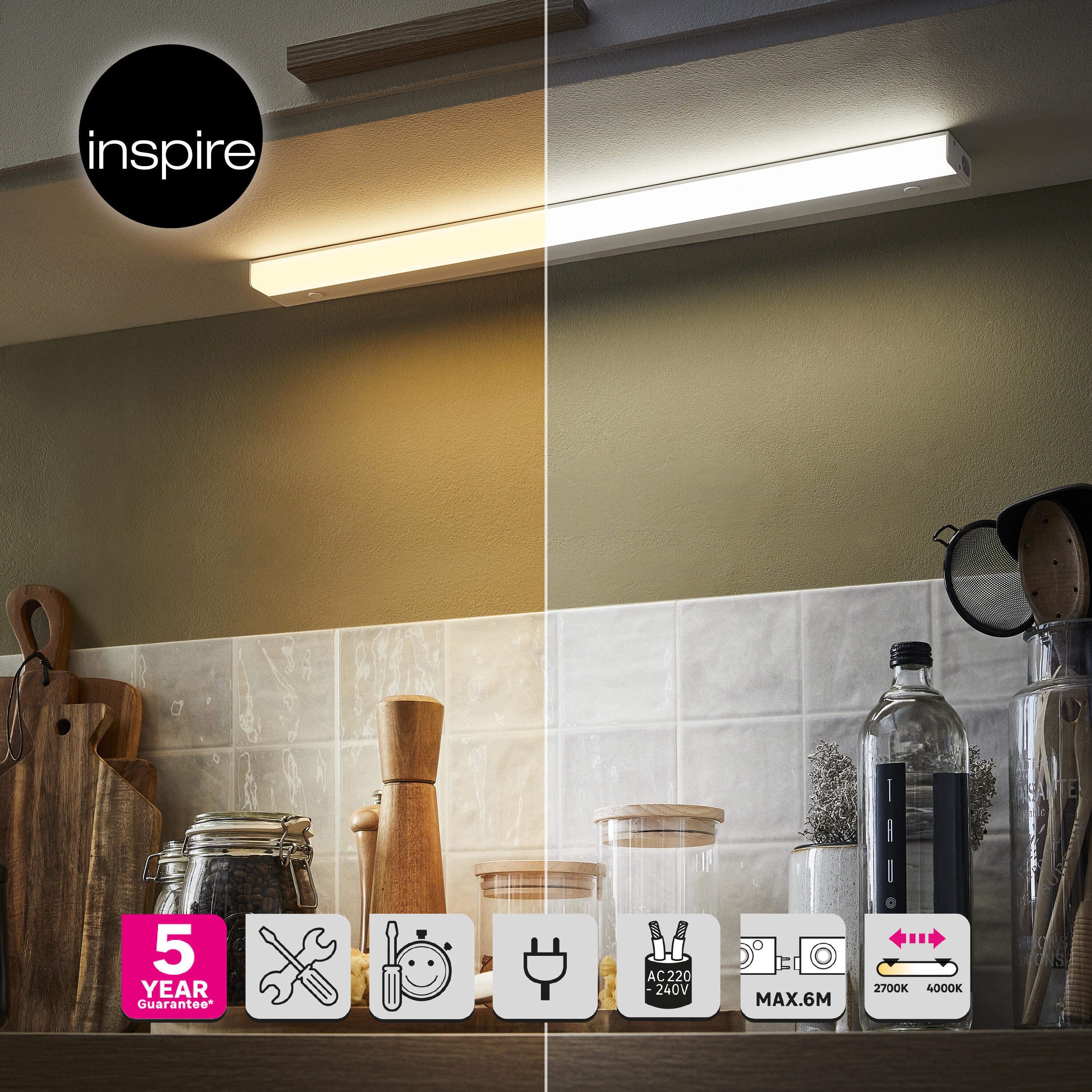 Réglette dessous de meuble LED Tohil L.60 cm, blanc chaud / neutre, INSPIRE - 2