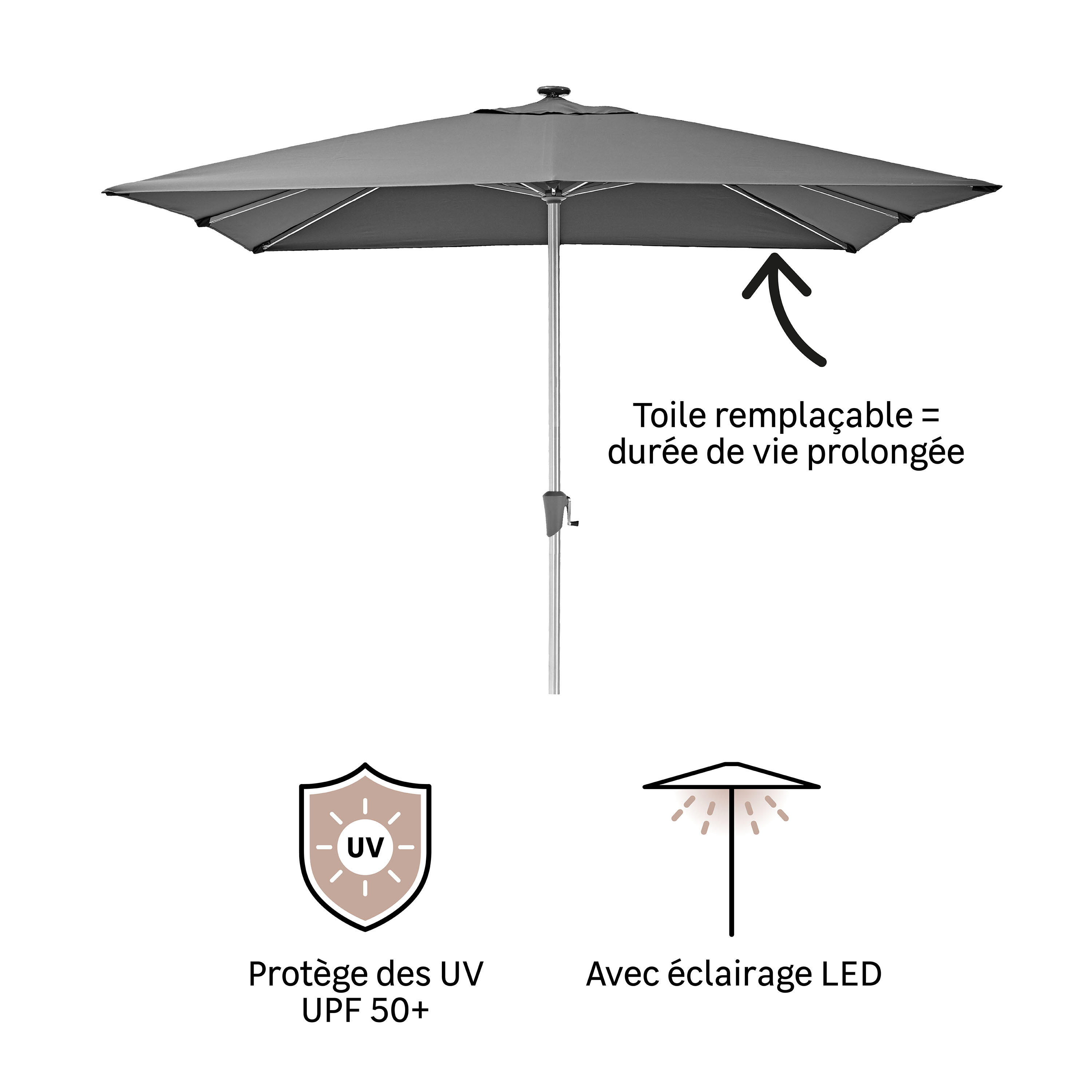 Parasol droit carré anthracite Sonora II NATERIAL L.285 x l.285 cm - 4