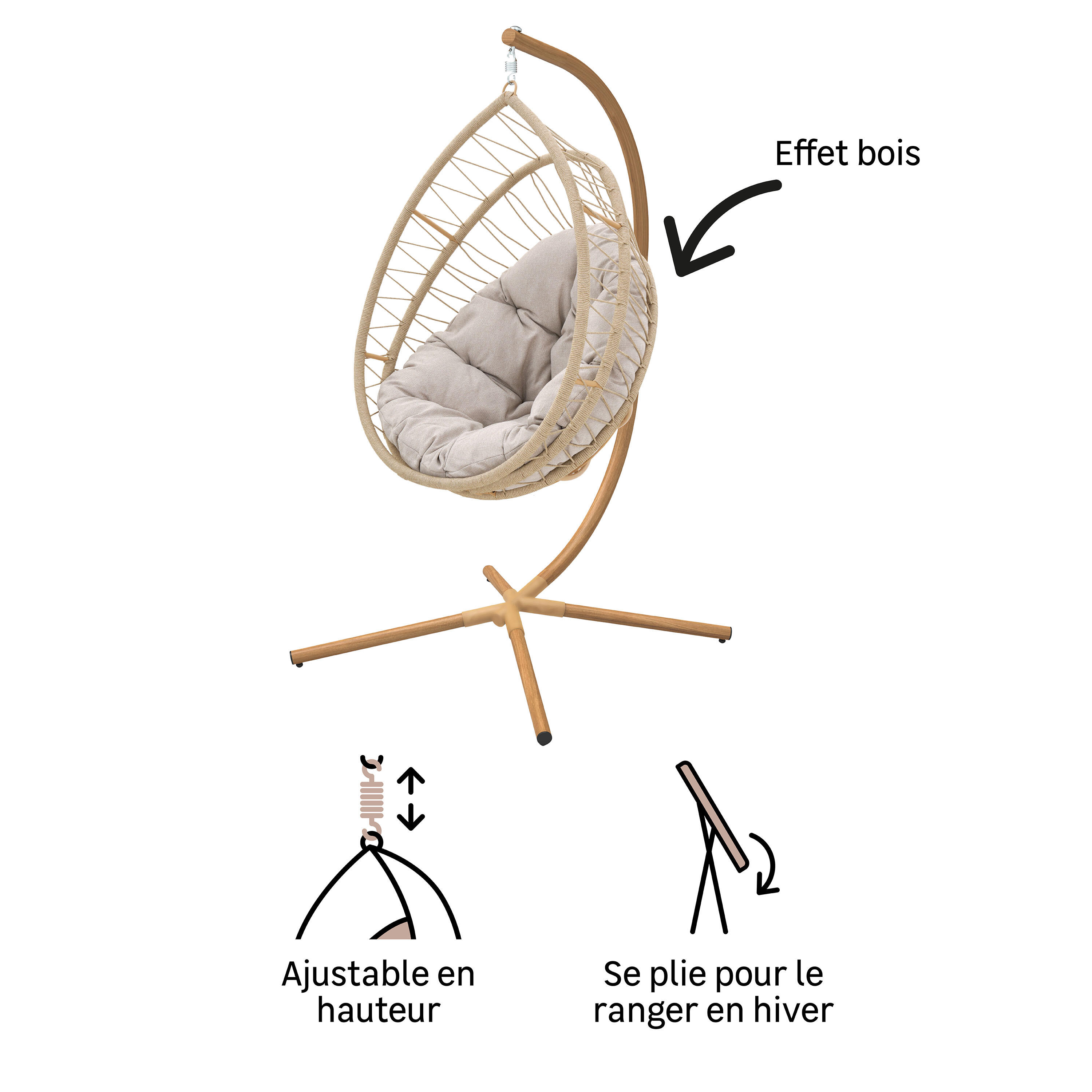 Fauteuil suspendu 1 place en acier beige NATERIAL Ovo - 6