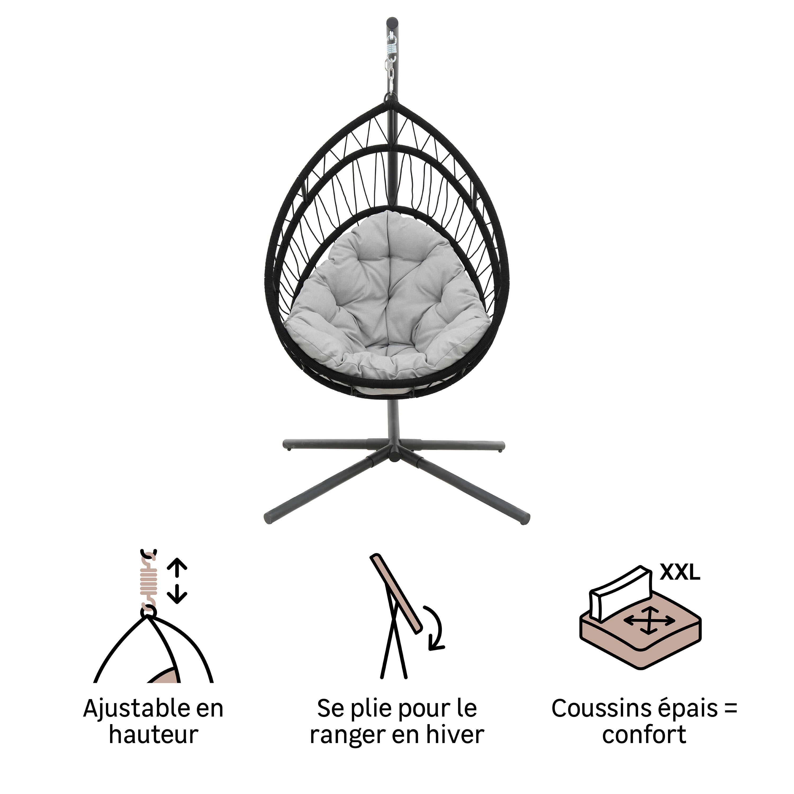 Fauteuil suspendu 1 place en acier gris NATERIAL Ovo - 5