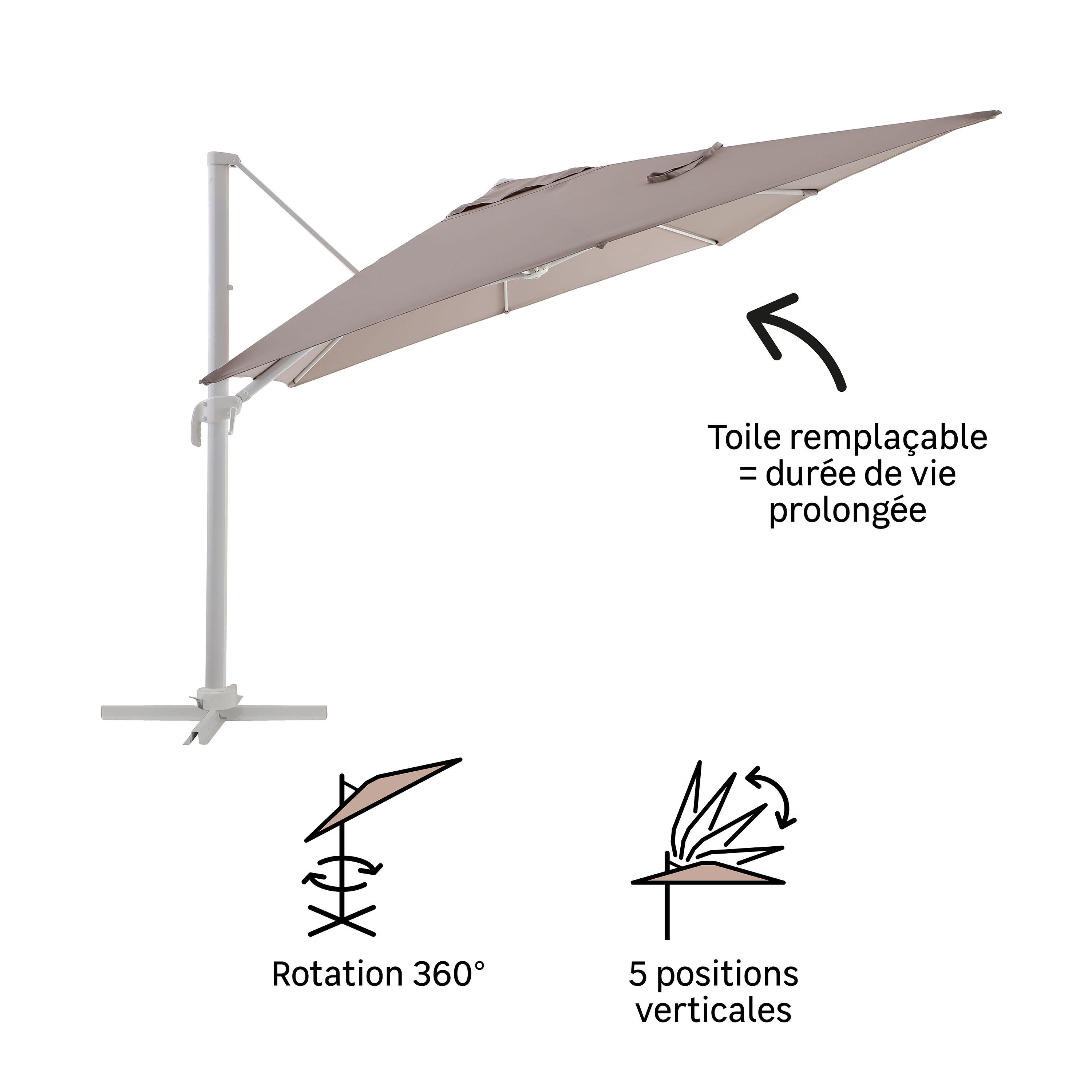 Parasol déporté rectangulaire taupe Aura NATERIAL L.386.5 x l.281 cm - 7