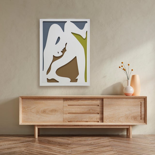 Cuadro objeto decorativo enmarcado Abstracto rectangular de 60 x 80 cm. MDF Acróbata Picasso blanco, marrón y azul. Marco color Blanco
