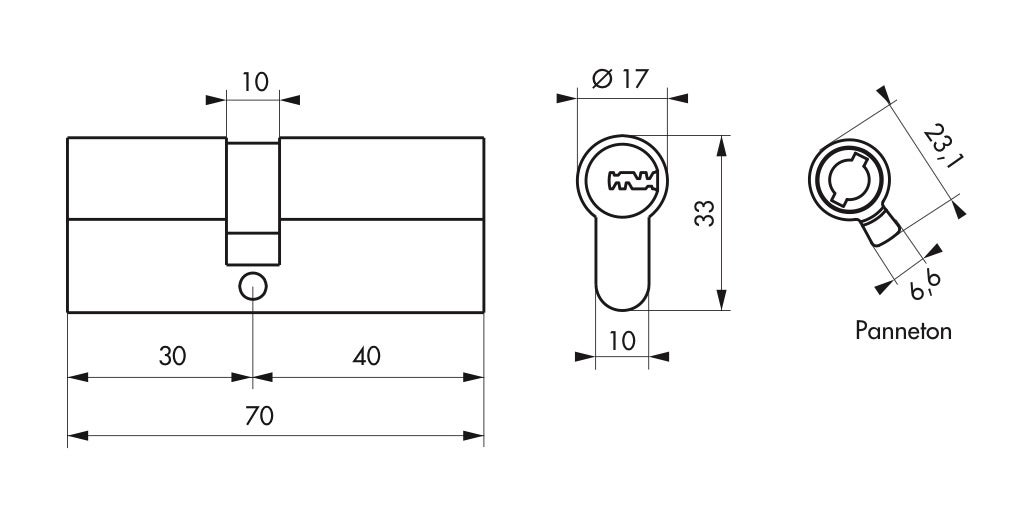 Cylindre THIRARD T2 débrayable L.30 + 40mm 5 clés - 3