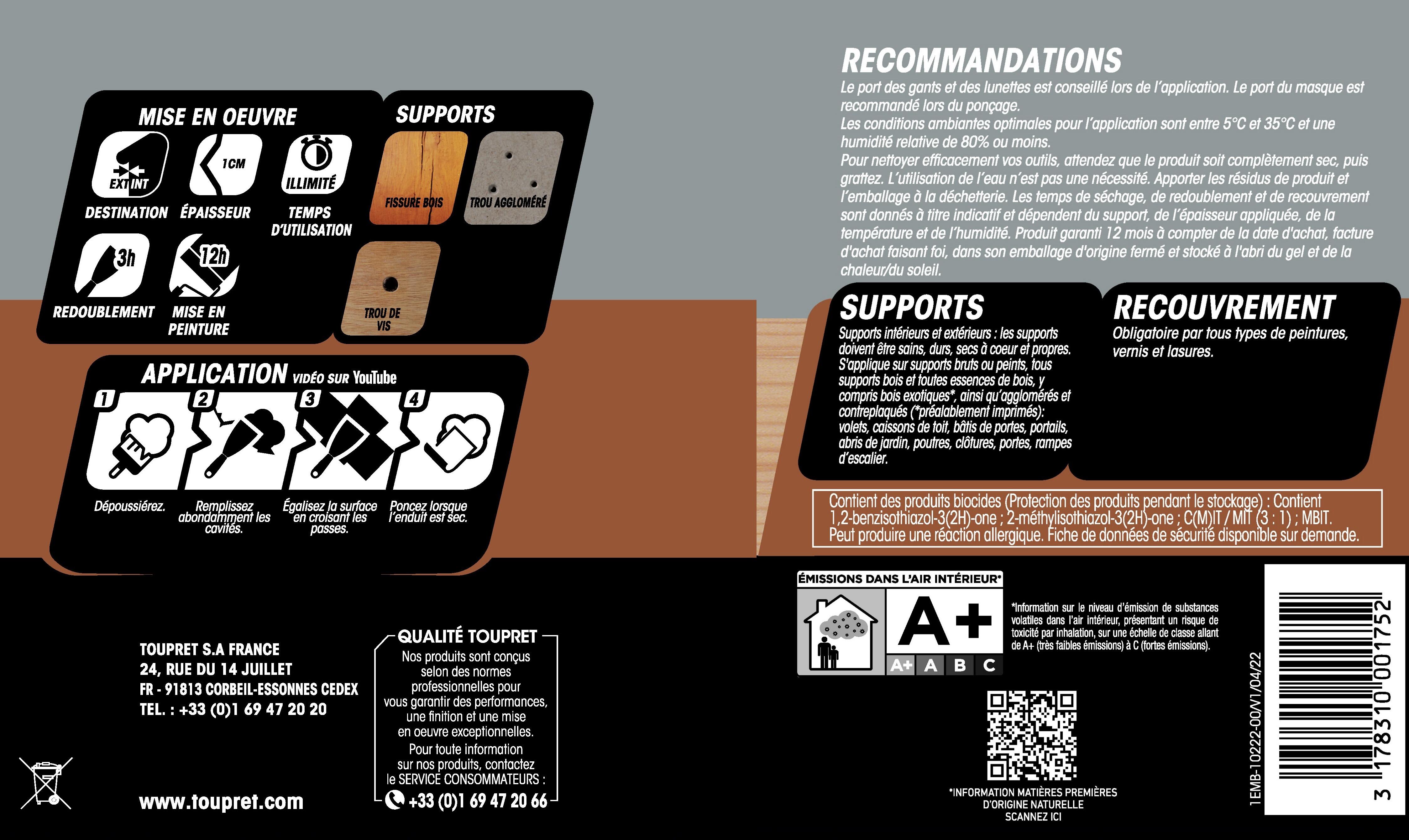 Enduit de rebouchage en pâte Rebouch' bois TOUPRET marron 1.25 kg - 6