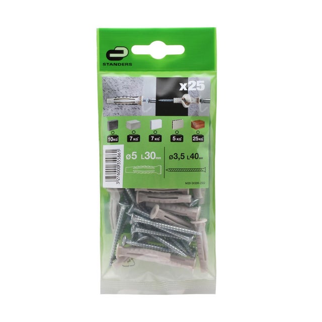 25 tacos + tornillos multimaterial STANDERS, ø 5 x L. 30 mm