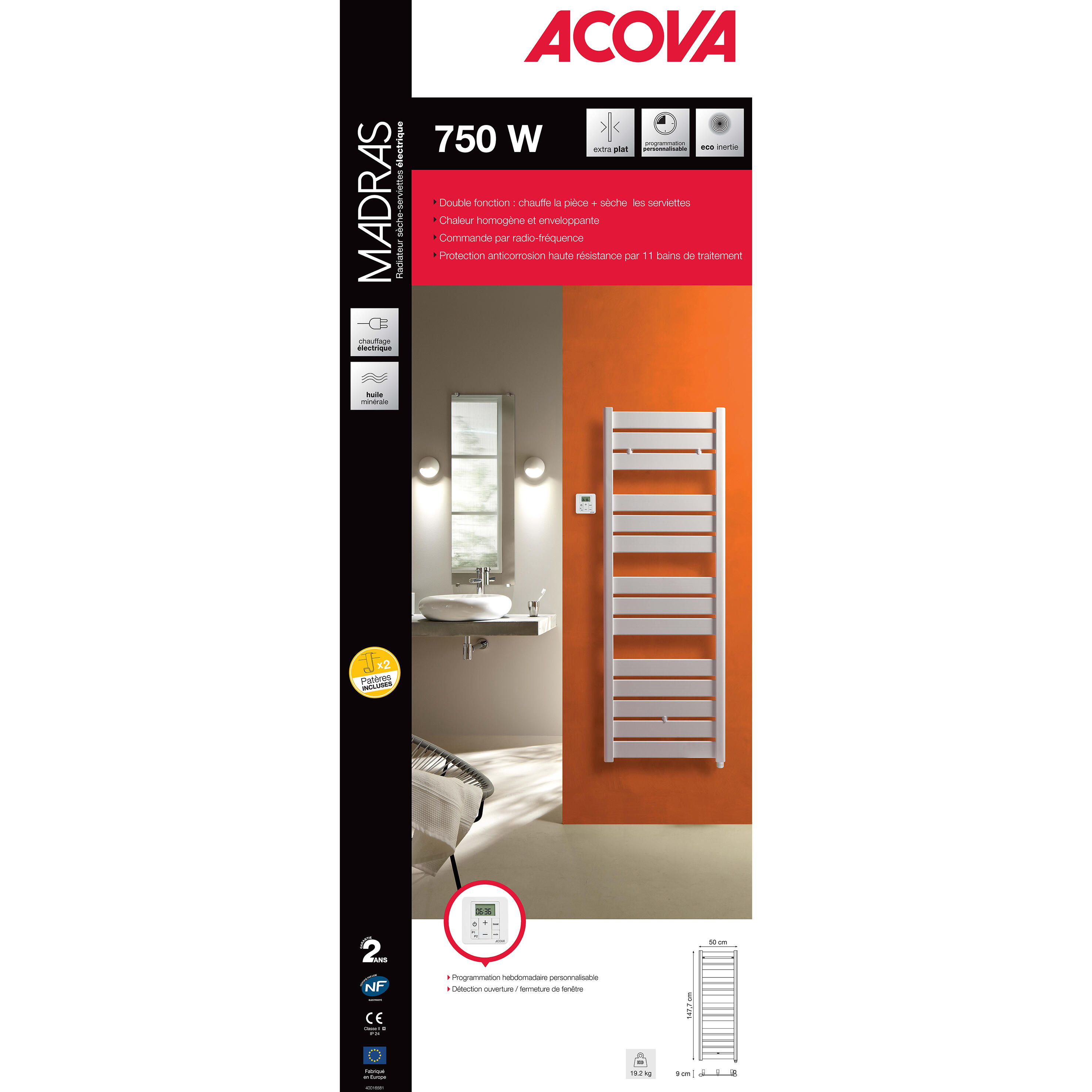 Sèche-serviettes électrique à inertie fluide ACOVA 750W, H147.7 x l50 cm Madras  - 7