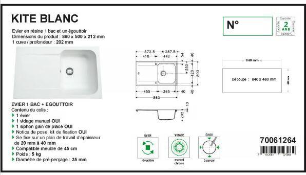 Evier en resine 1 bac 50 x 86 cm vidage inclus Kite blanc - 5