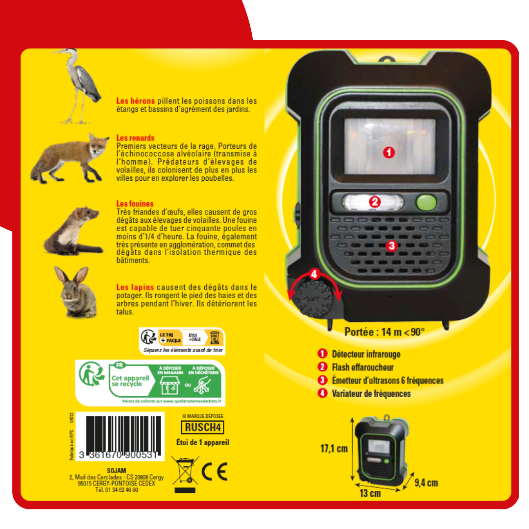 Répulsif ultrasons à piles antichien, chat, renards, lapins, fouines et Hérons - 4