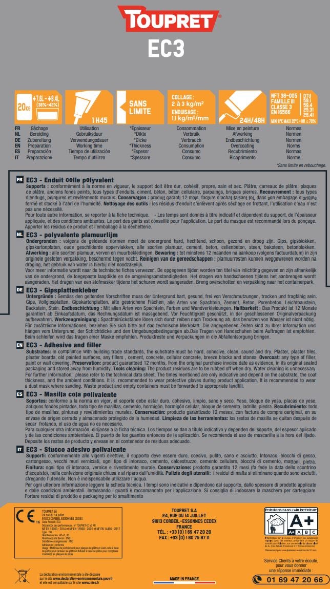 Enduit colle en poudre Polyvalent ec3 TOUPRET blanc 20 kg - 4