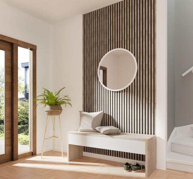 Ensemble de 2 panneaux acoustiques en bois - Chêne massif verni - 240 x 40 cm - Lattes de 22 mm, dos en feutre noir | Leroy Merlin