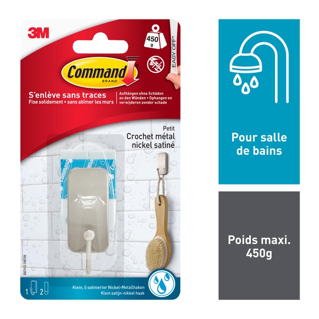 Crochet adhésif 1 tête nickel satiné résistant à l'humidité COMMAND