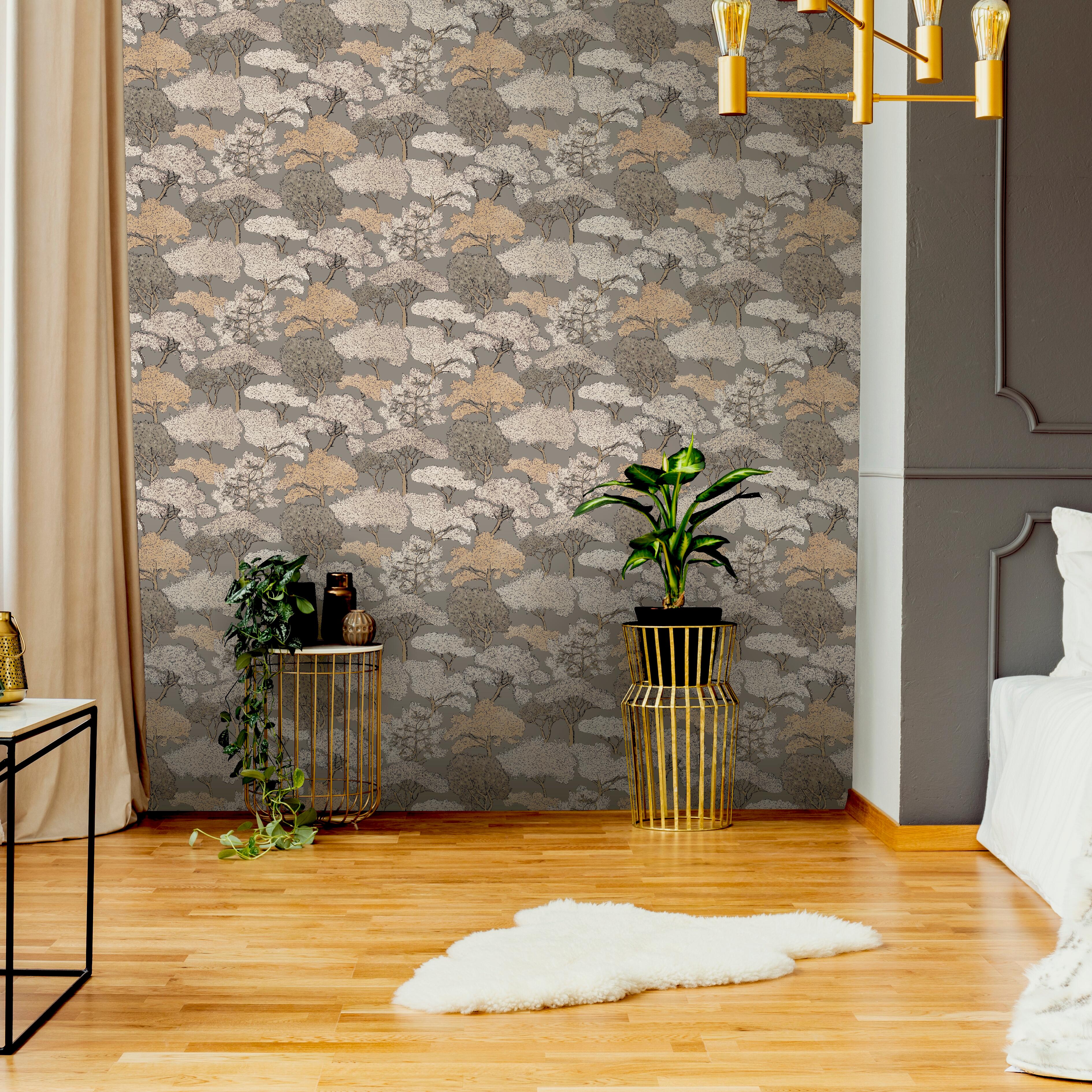 Papel pintado vinilo botánico, plantas o floral bosque beige