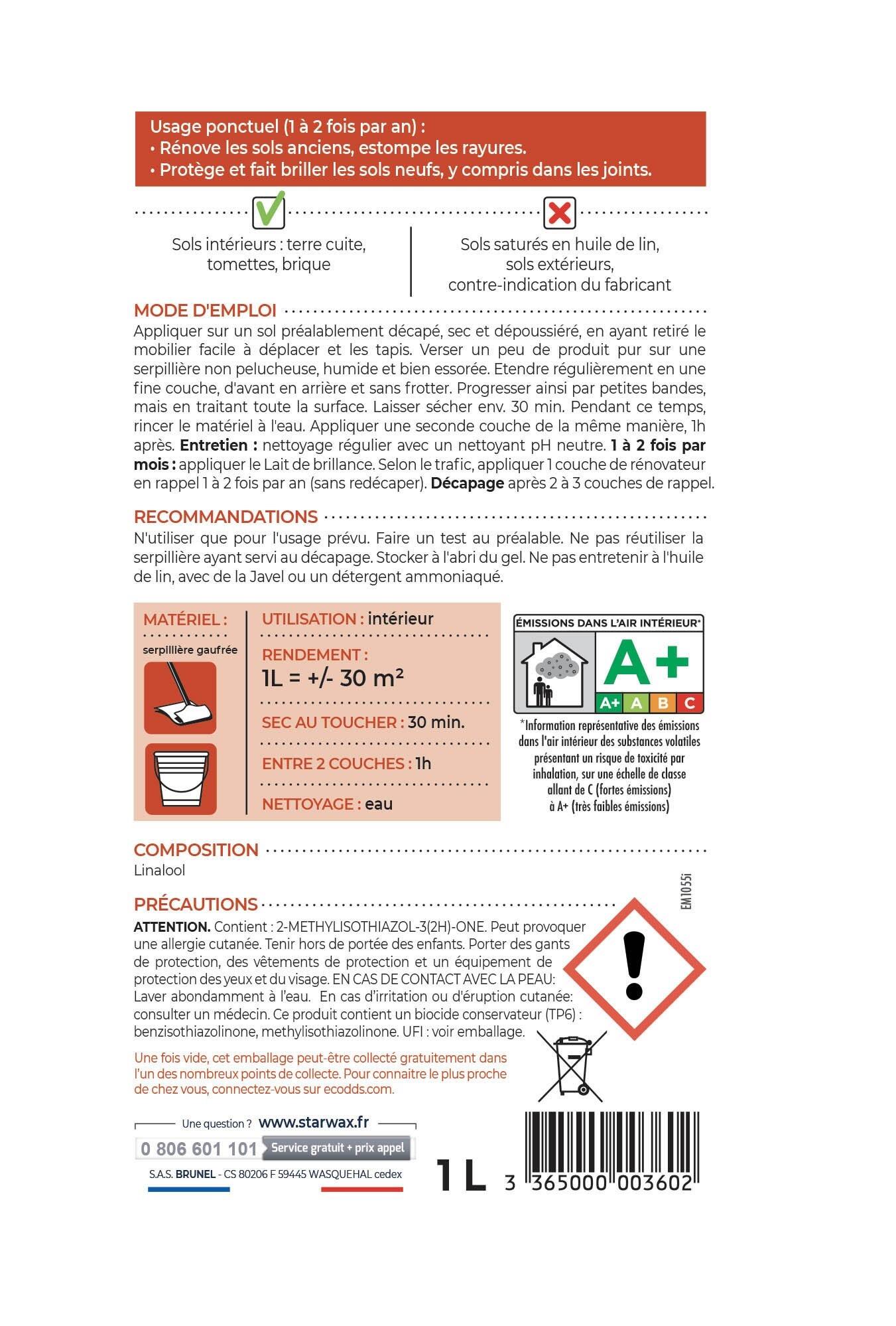 Rénovateur tomette terre cuite STARWAX Brillant longue durée, 1L, 1Kg - 5