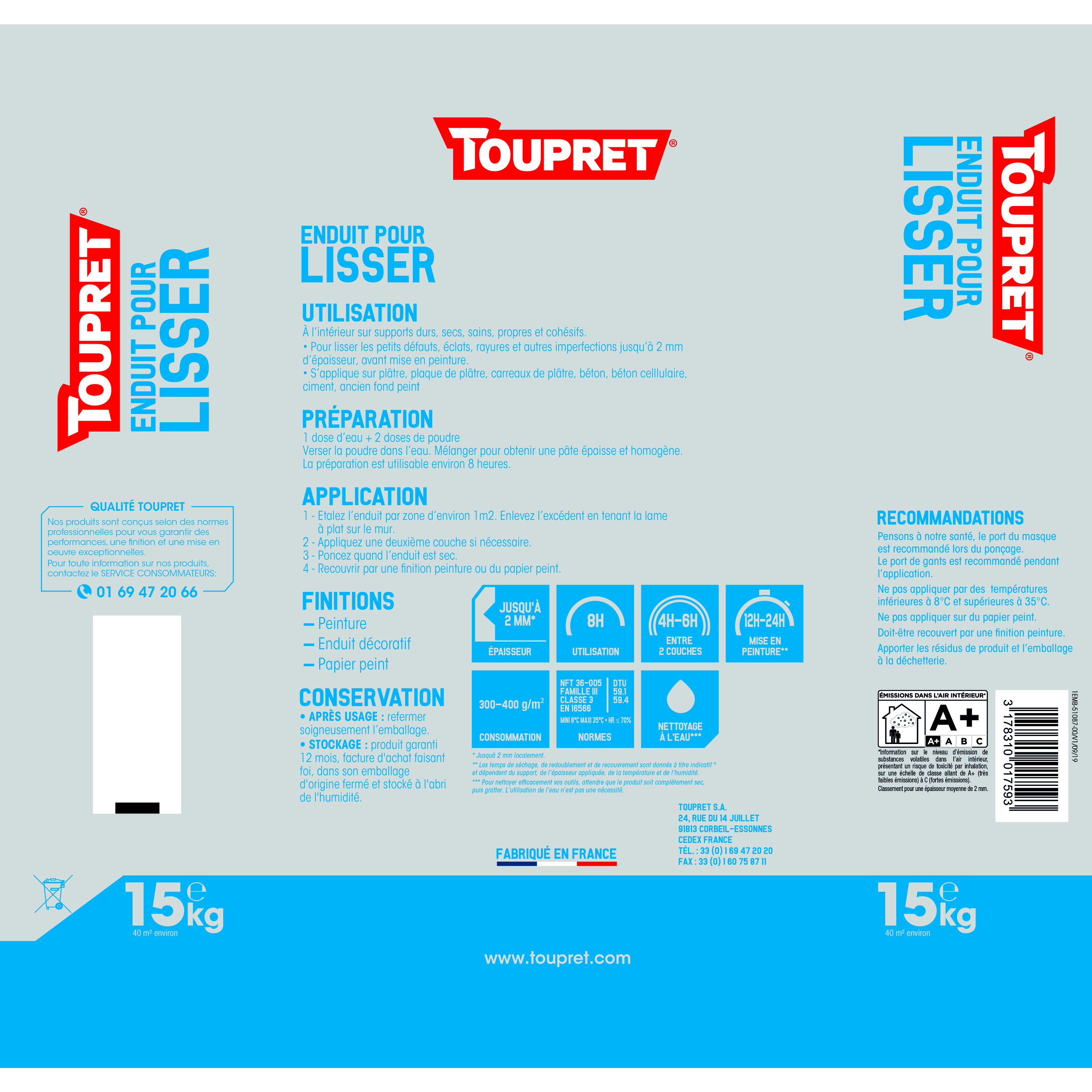 Enduit de lissage en poudre F TOUPRET 15 kg - 2