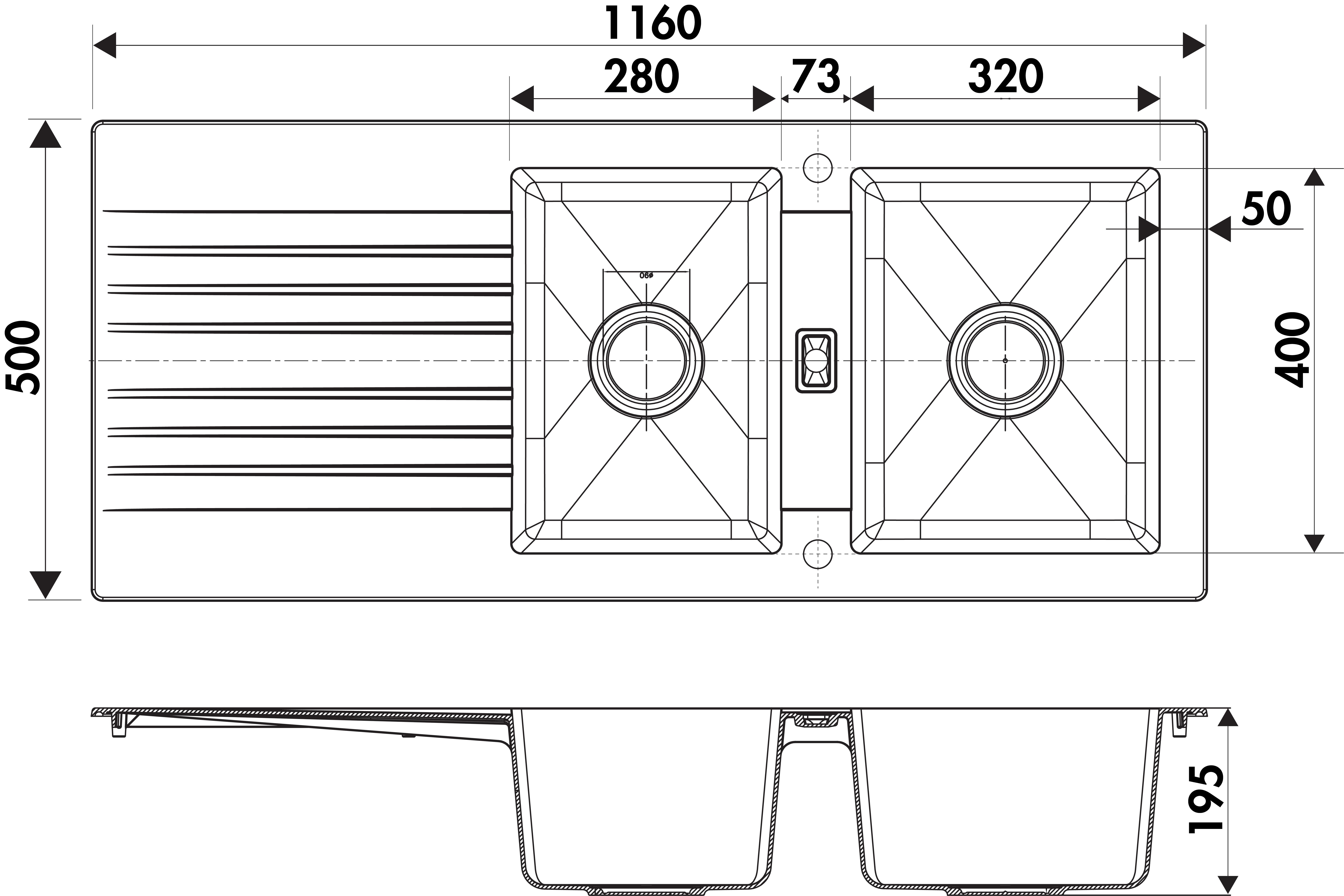 Evier à encastrer 2 bacs avec égouttoir, résine SOLO Gris - 2
