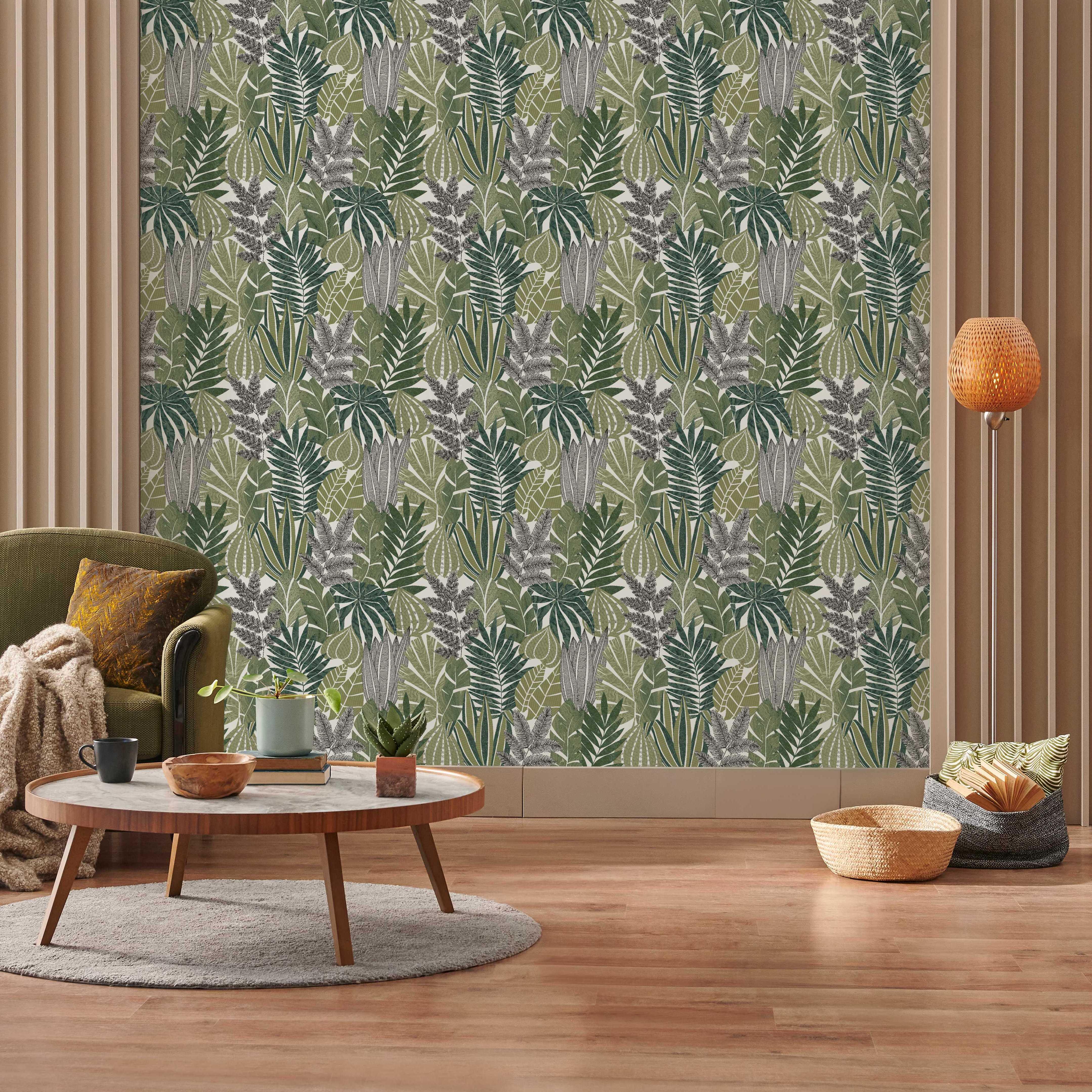 Papel pintado vinilo aplicación cola en pared floral vegetal collage hojas palmera verde lutece 53cmx10m lavable
