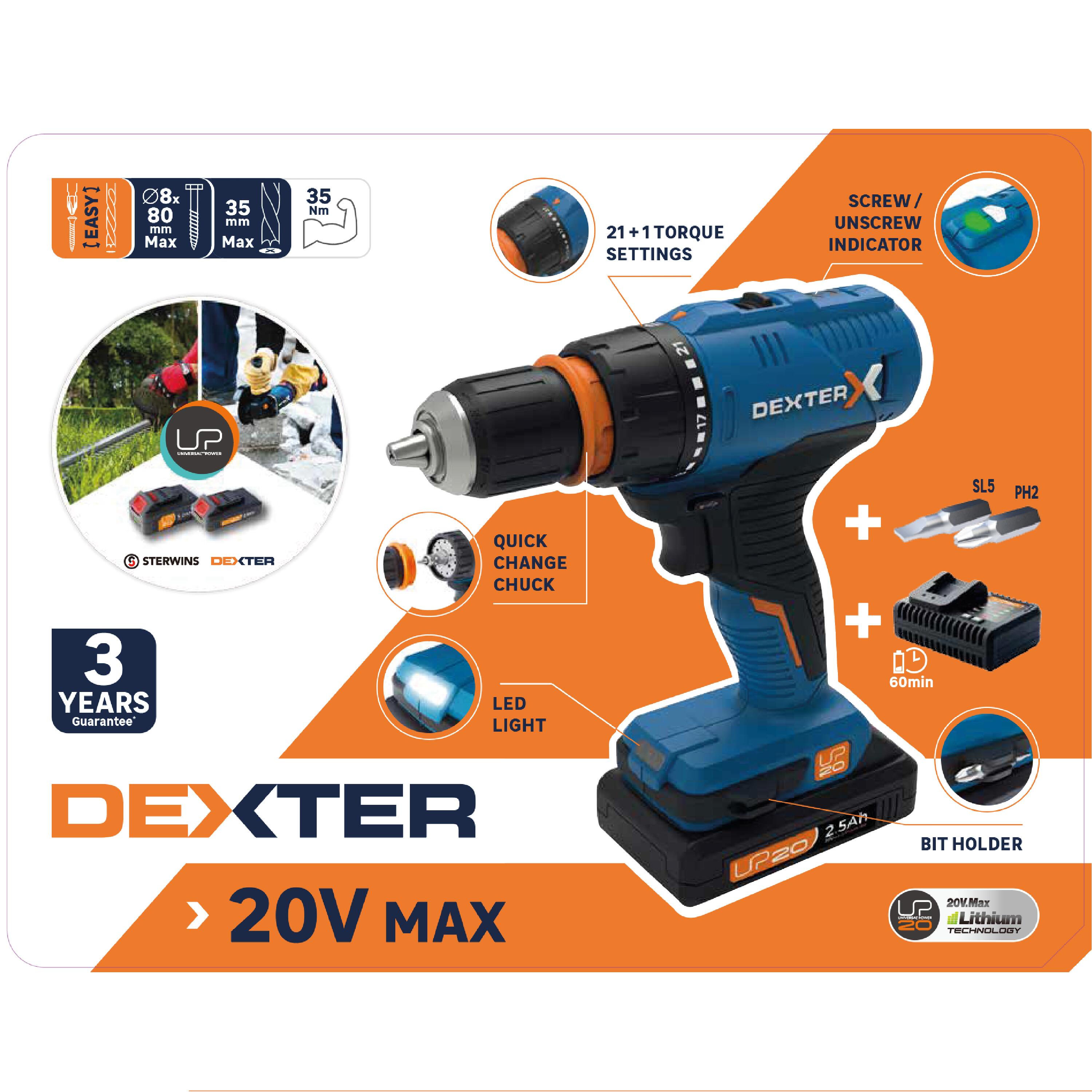 Aparafusadora sem fio DEXTER 20VSD2-35RCA.1A 20V 2.5AH - 7