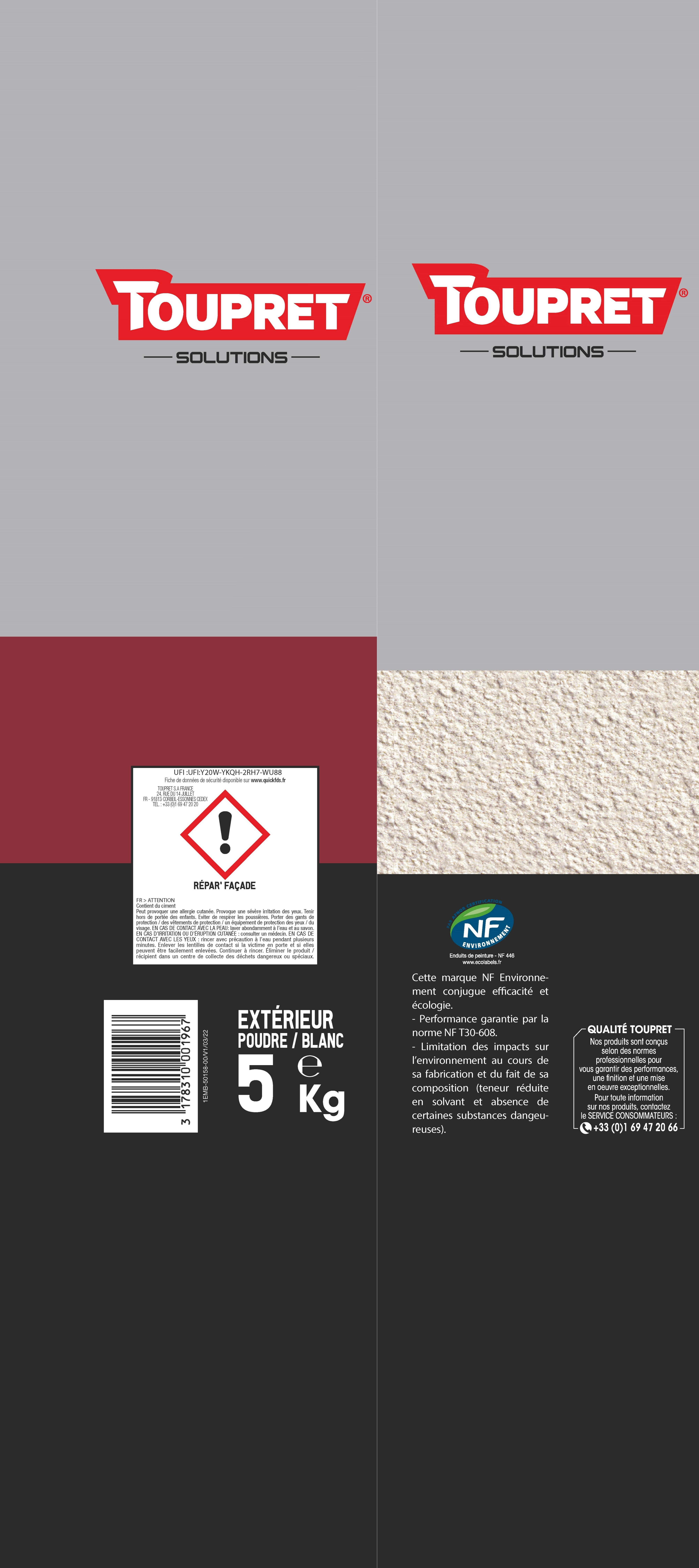 Enduit de rebouchage en poudre Repar'façade TOUPRET blanc 5 kg - 4
