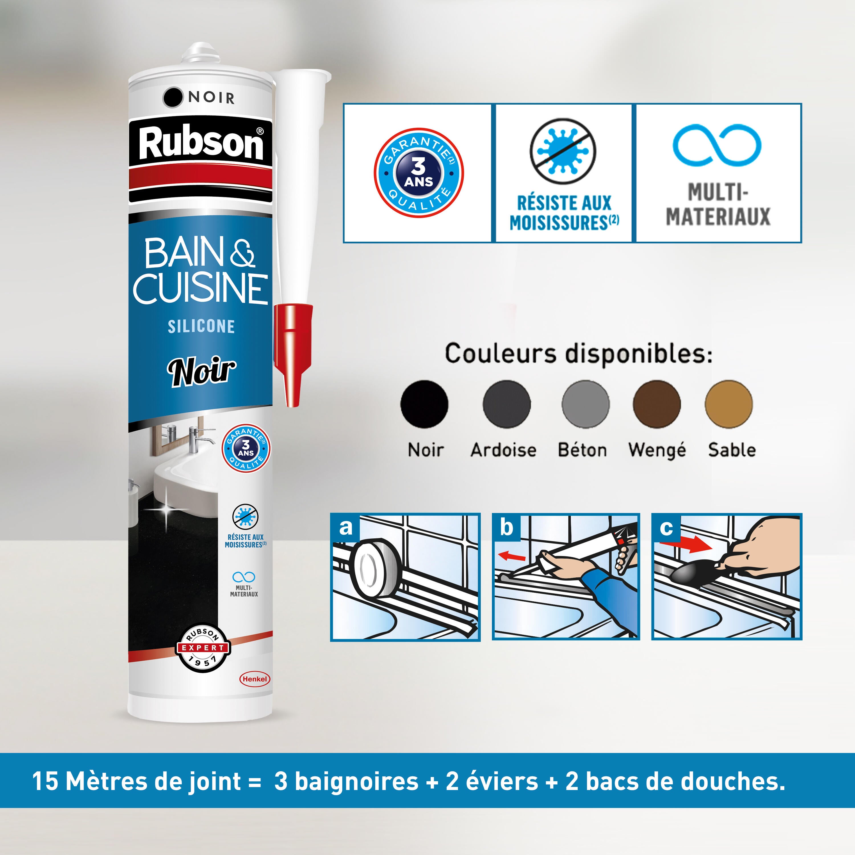 Silicone Bain et cuisine RUBSON noir, 280 ml - 2