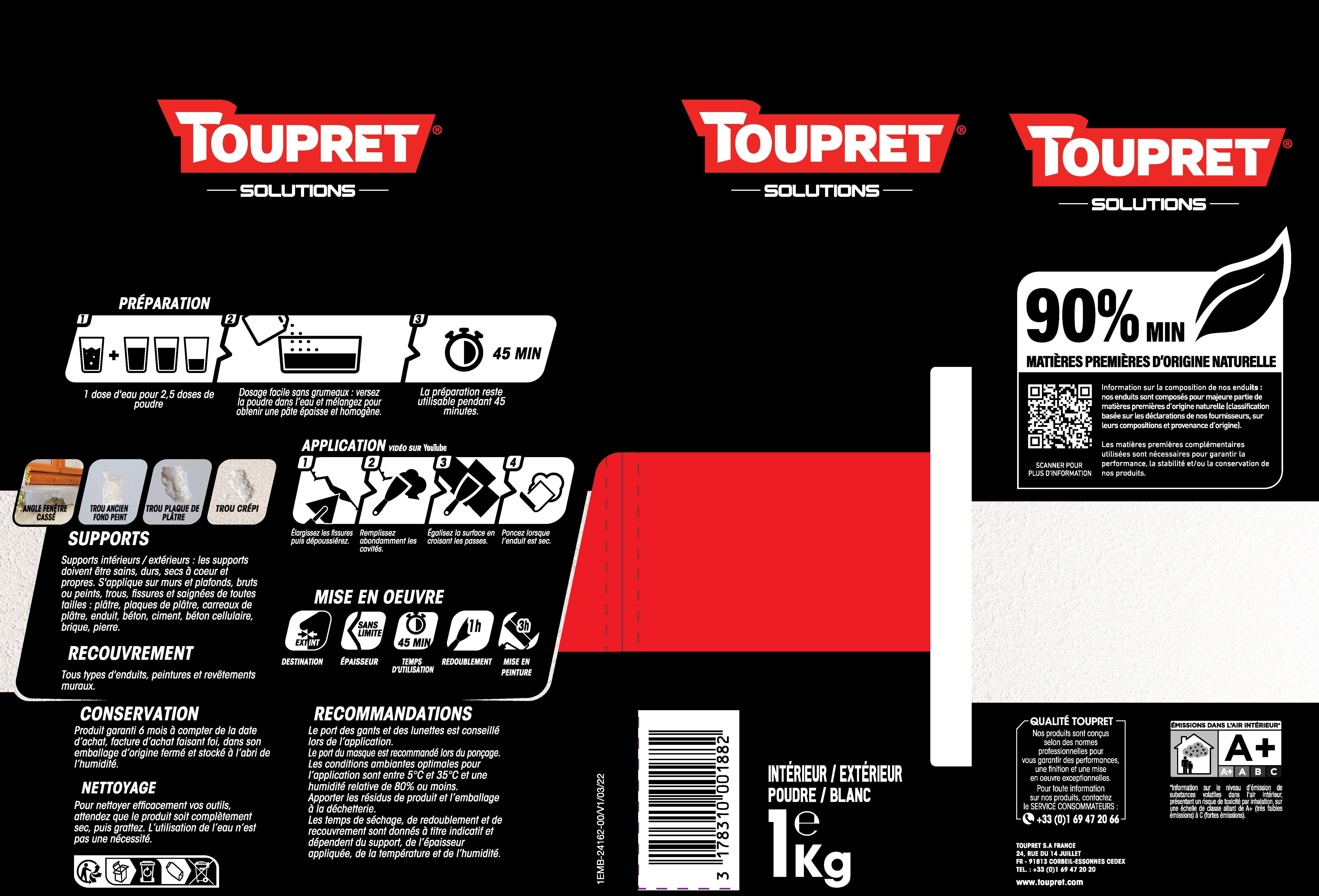 Enduit de rebouchage poudre Expert'rebouch TOUPRET blanc 1 kg - 4