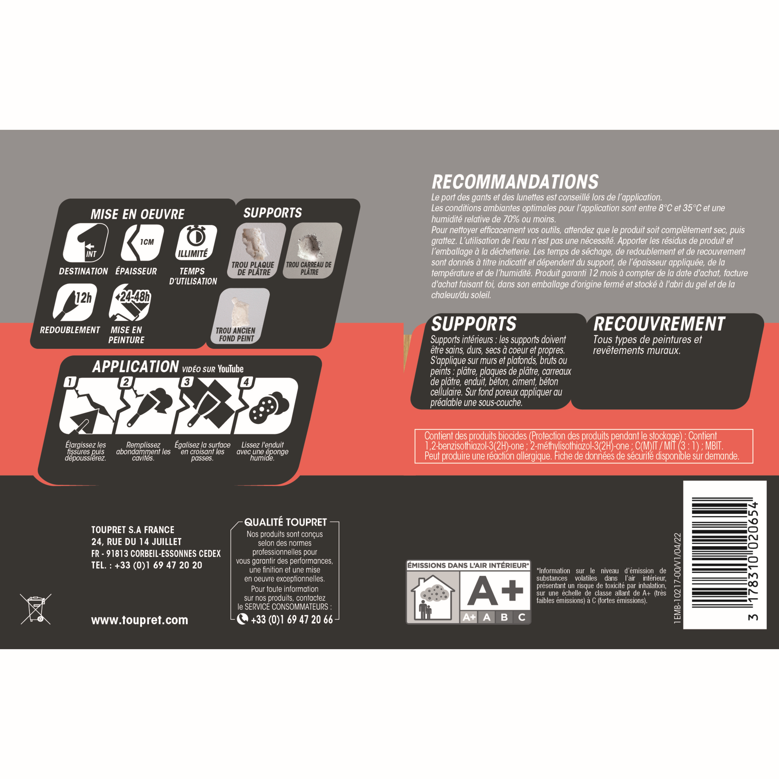 Enduit de rebouchage en pâte Elastique TOUPRET 1 kg - 3