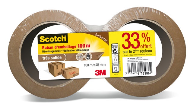 Lot de 2 rubans d'emballage adhésif havane SCOTCH, l.48 mm x L.100 m