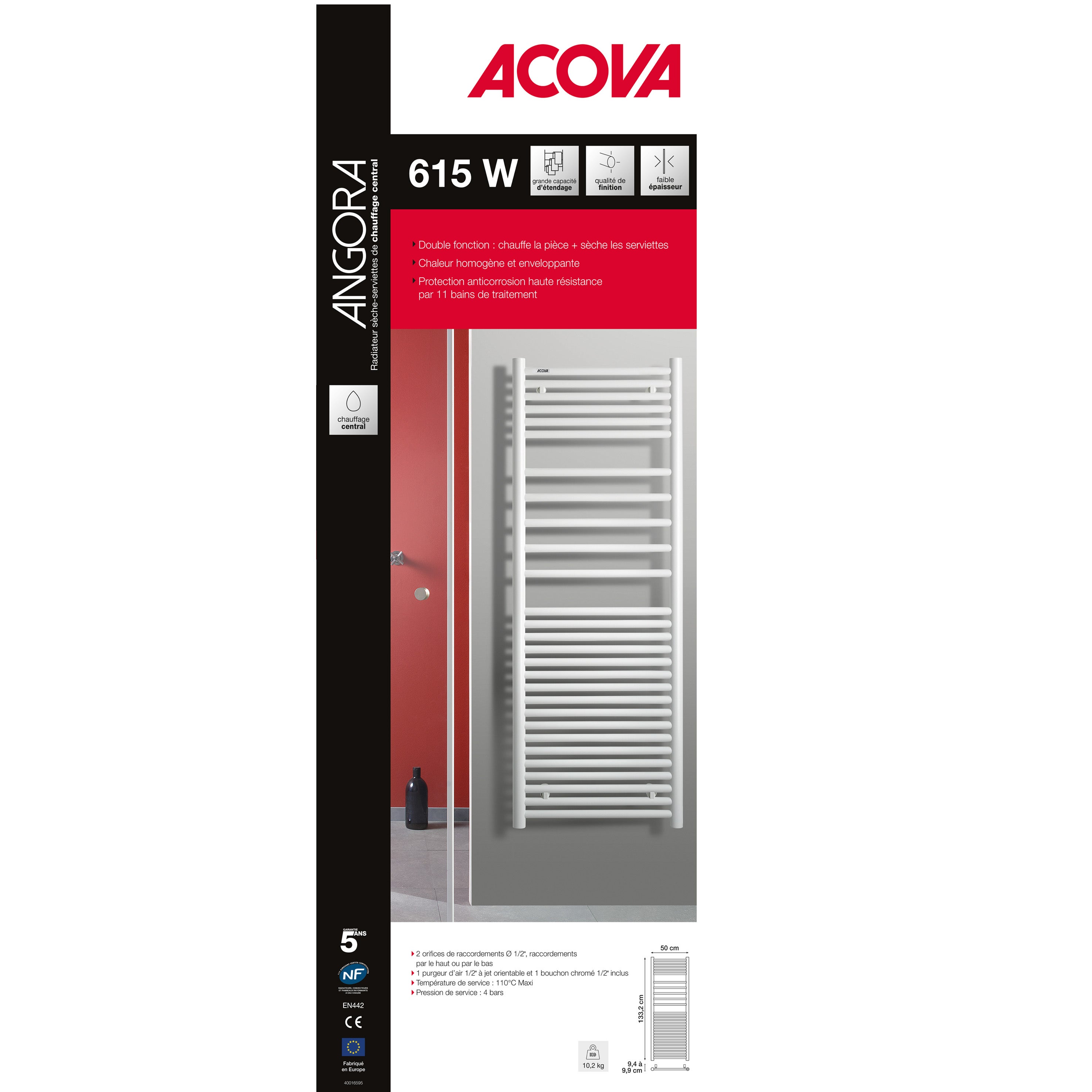 Sèche-serviettes à eau chaude ACOVA, 615 W, H.133.2 x l.50 cm Angora - 8