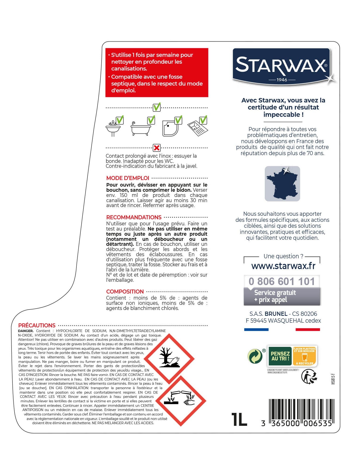 Produit d'entretien STARWAX Canalisations, avec javel, 1L - 3