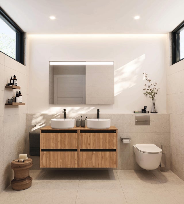 Conjunto móvel para casa de banho suspenso  120 cm nogueira Alpine com lavatório D39 Domus