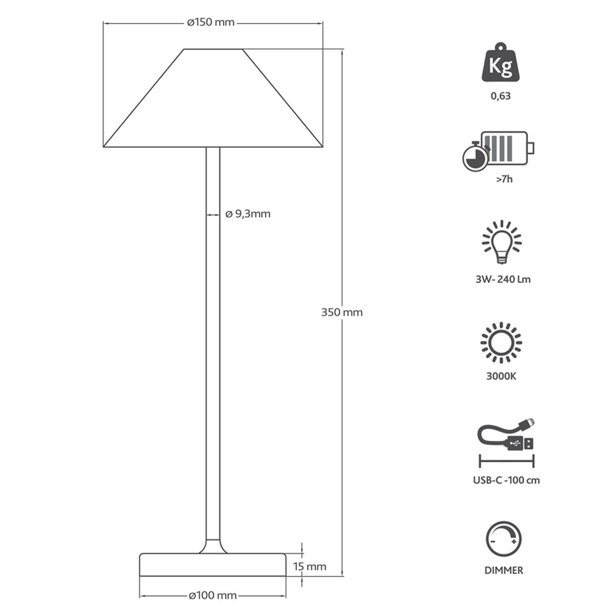 Lampada da tavolo LED Liberty nero a batteria, luce calda 240 LUMEN - 6