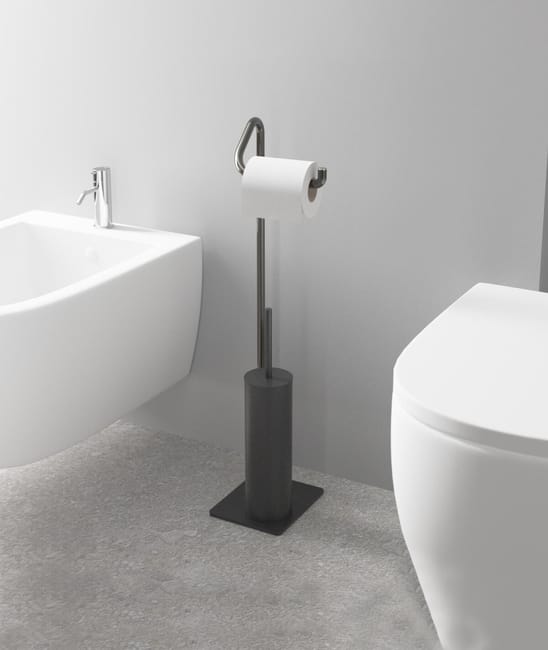 Portarotolo Carta Igienica Da Terra Sayayo - Acciaio Inox, Base Vetro, Altezza 58 Cm, Nero - Foto 2