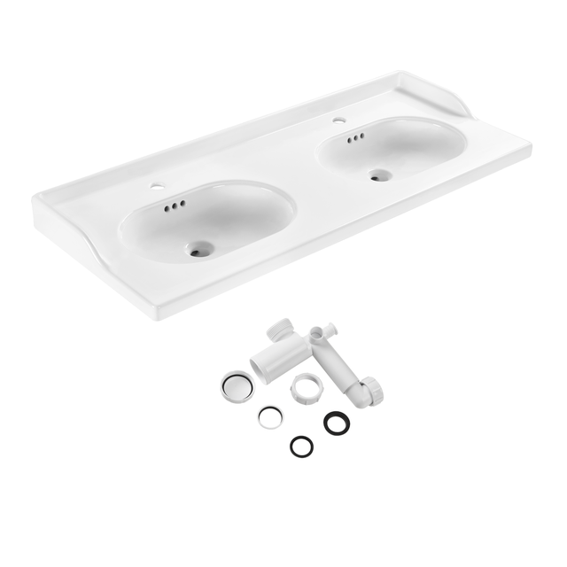 Plan double vasque Céramique Charm l.121.8 x P.49.7 x h.19.8 cm/vidage inclus