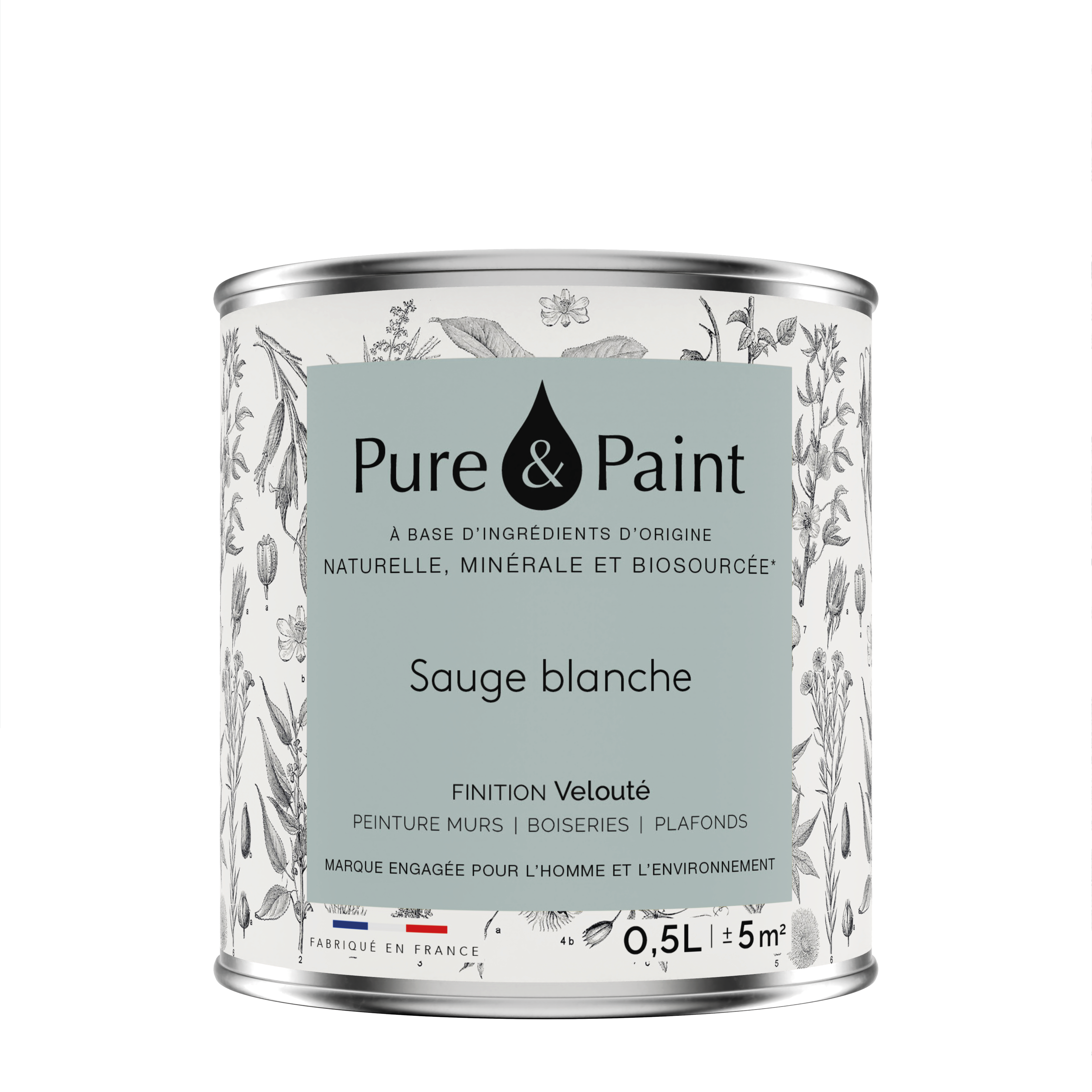Peinture mur, boiserie sauge blanche velours PURE & PAINT , 0.5L - 5