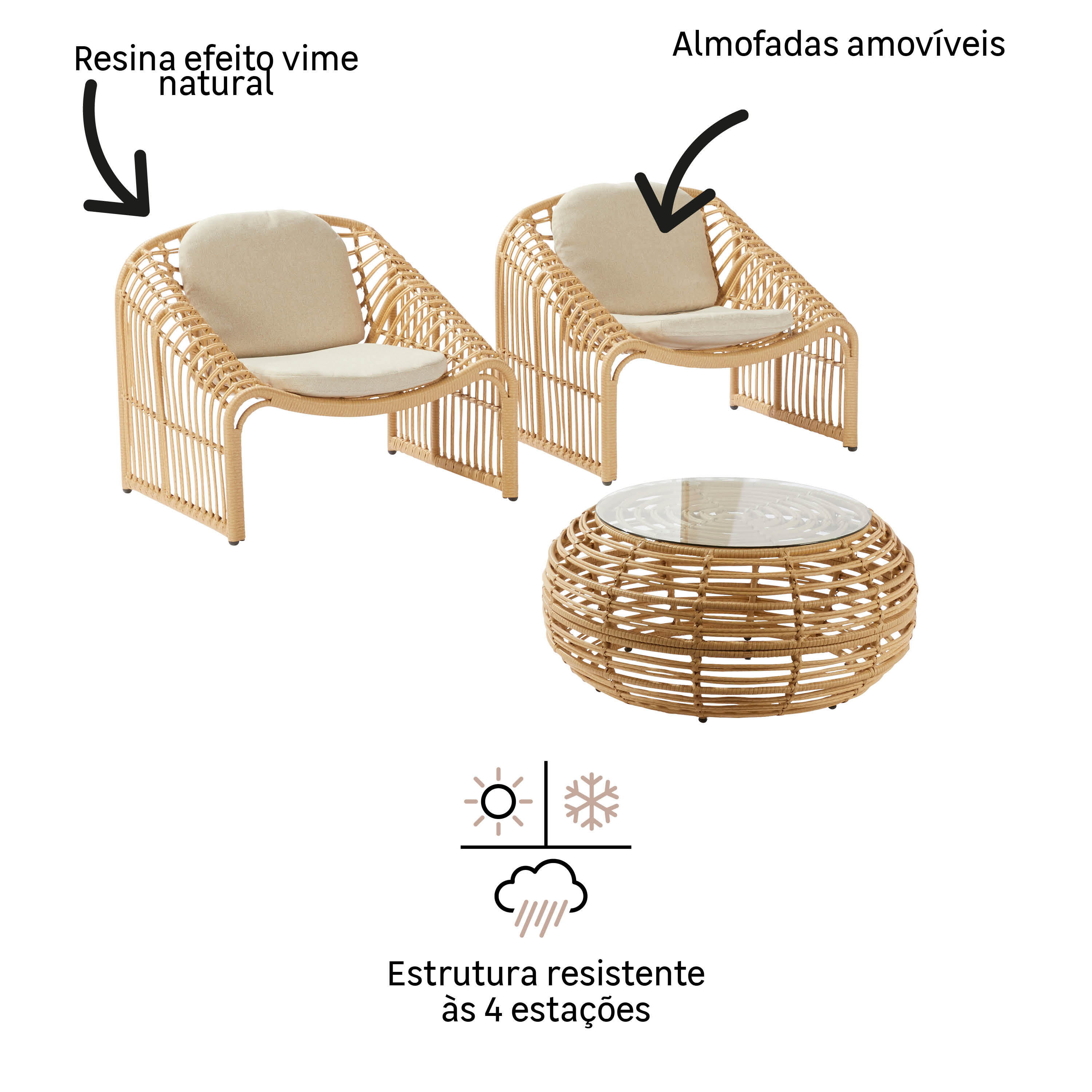 Conjunto jardim varanda 2 sofás e mesa natural Bellis Naterial - 10