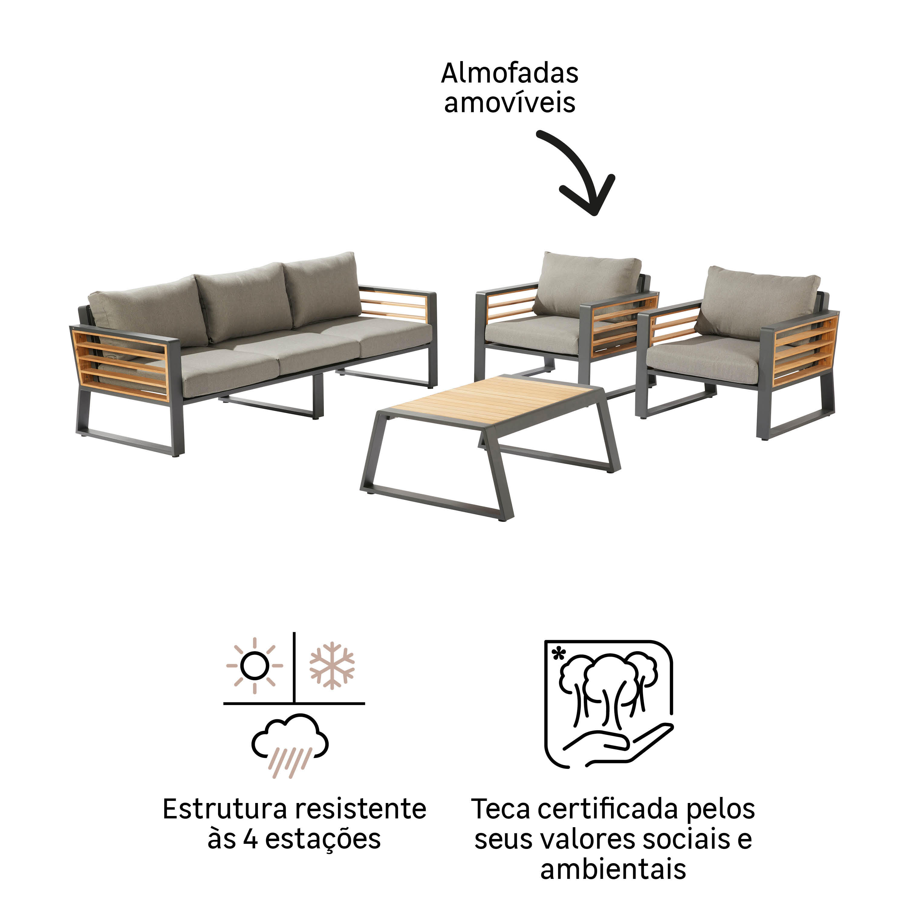 Conjunto jardim relax sofá, mesa, 2 cadeiras teca cinzento Ionis Naterial - 9