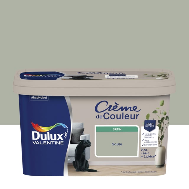Peinture mur, boiserie saule satin DULUX VALENTINE Crème de couleur 2.5L