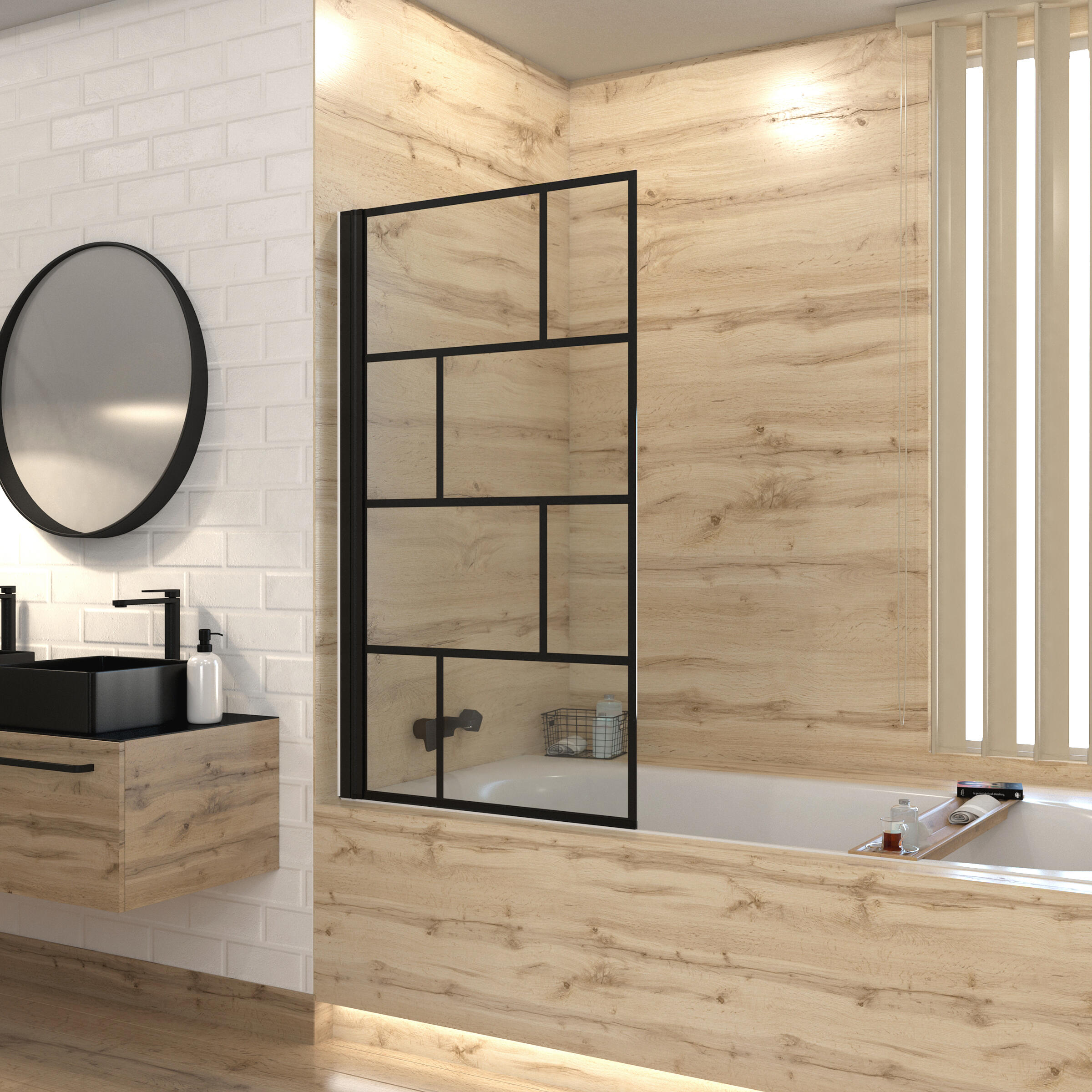 Mampara de bañera 1 hoja abatible bricks serigrafiado perfil negro 80x140 cm