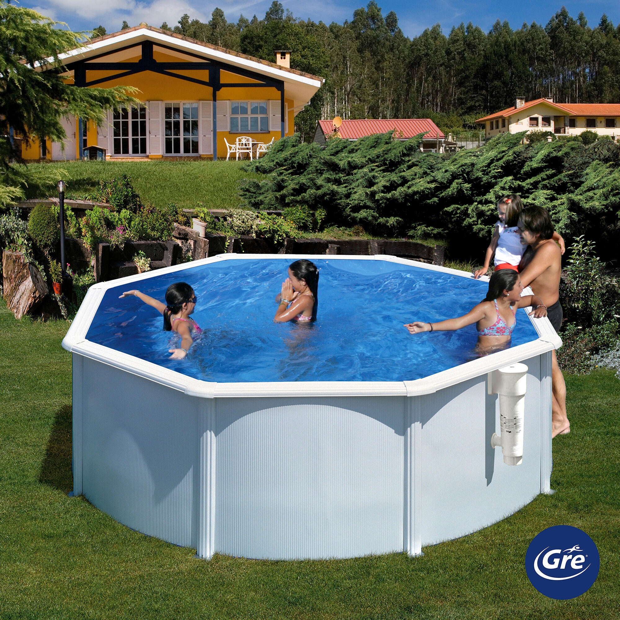 Piscina elevada de acero galvanizado blanco redonda ø 3x3x1.2 m con depuradora de cartucho y escalera de seguridad GRE - 4