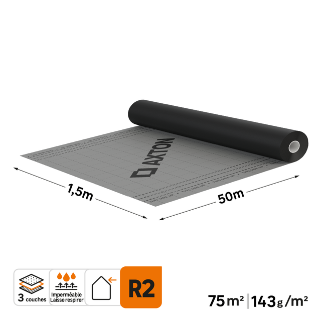 Ecran sous toiture gris 1,5 x 50 m, AXTON