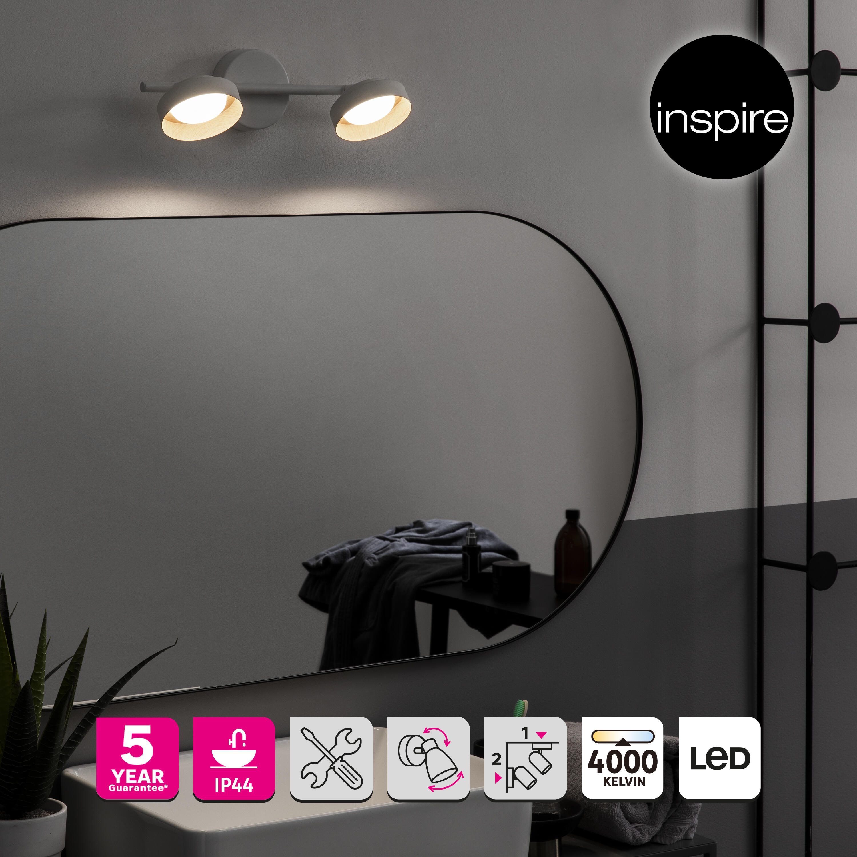 Rampe 2 spots LED salle de bain Malai, 1320 lumens blanc neutre, métal Inspire - 4