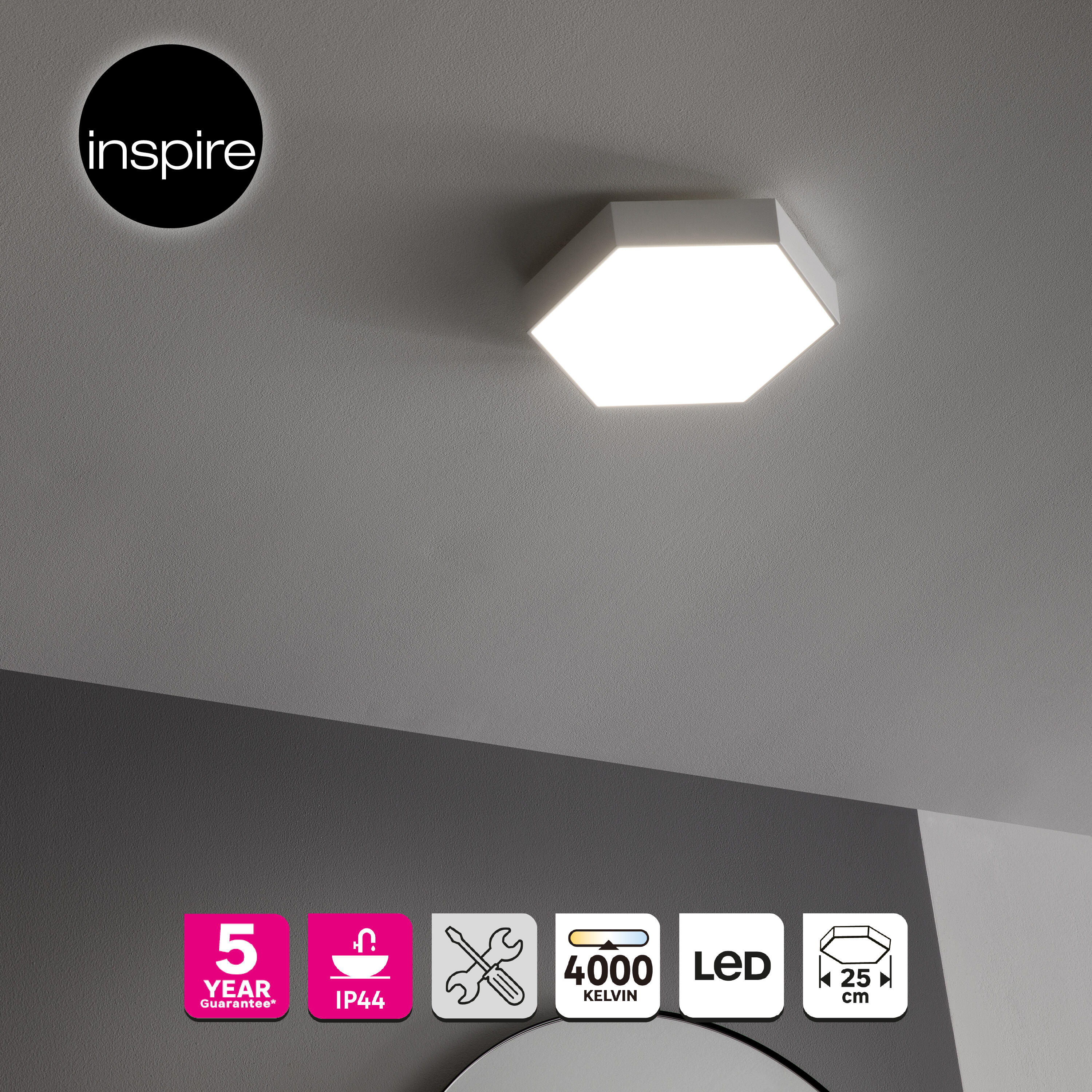 Plafonnier LED salle de bain Gunza, D.25 cm 1700 lm blanc neutre, blanc Inspire - 2