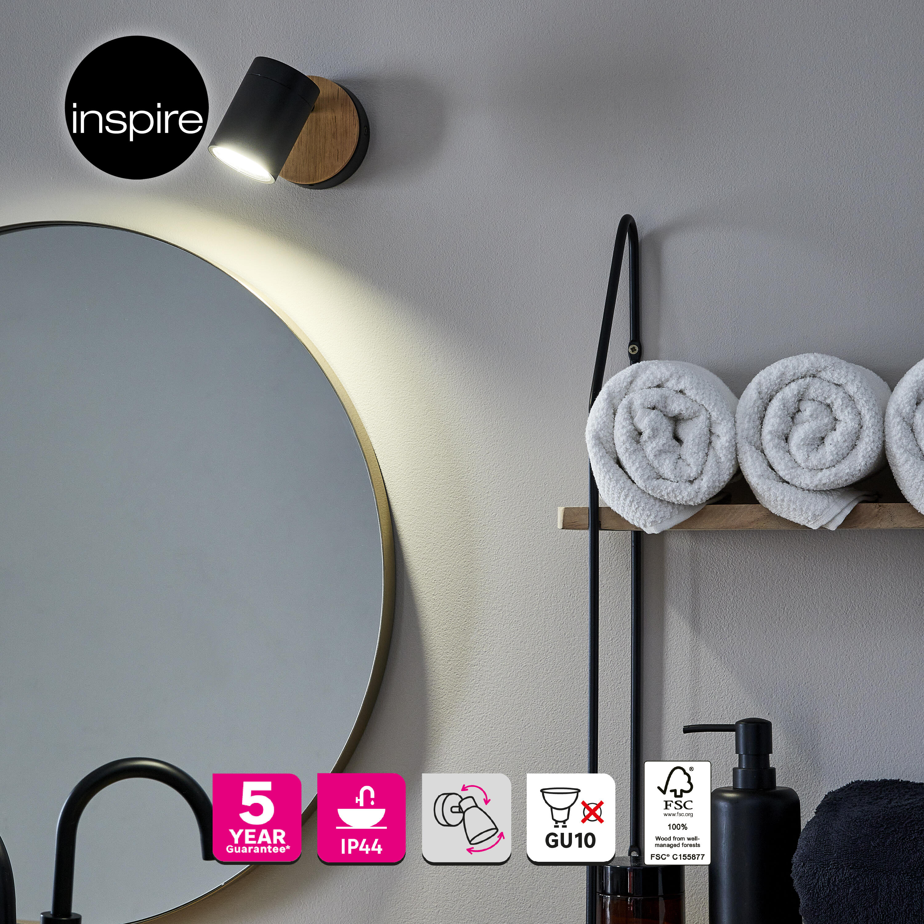 Reflektor Malabe czarny z drewnem GU10 IP44 Inspire - 6