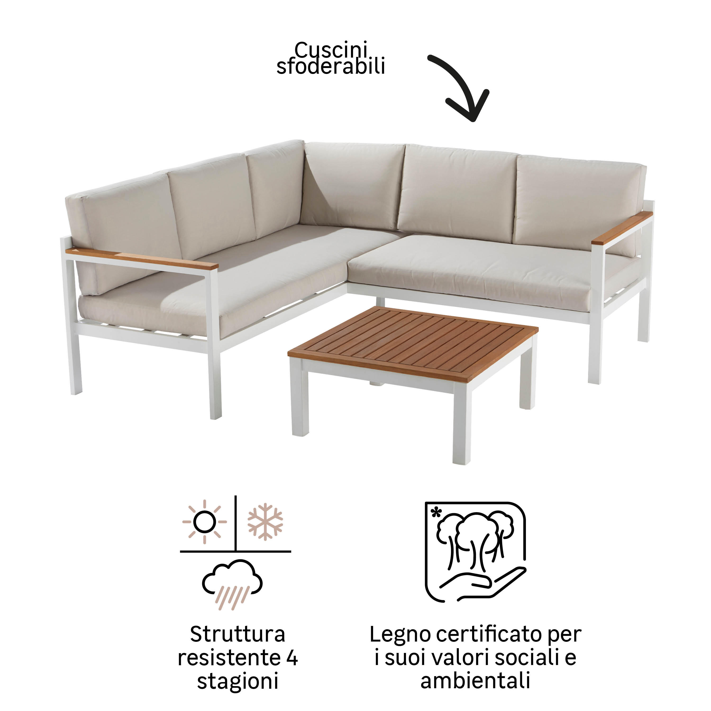 Salotto da giardino angolare per 5 persone bianco Oris NATERIAL con cuscini in poliestere beige - 9