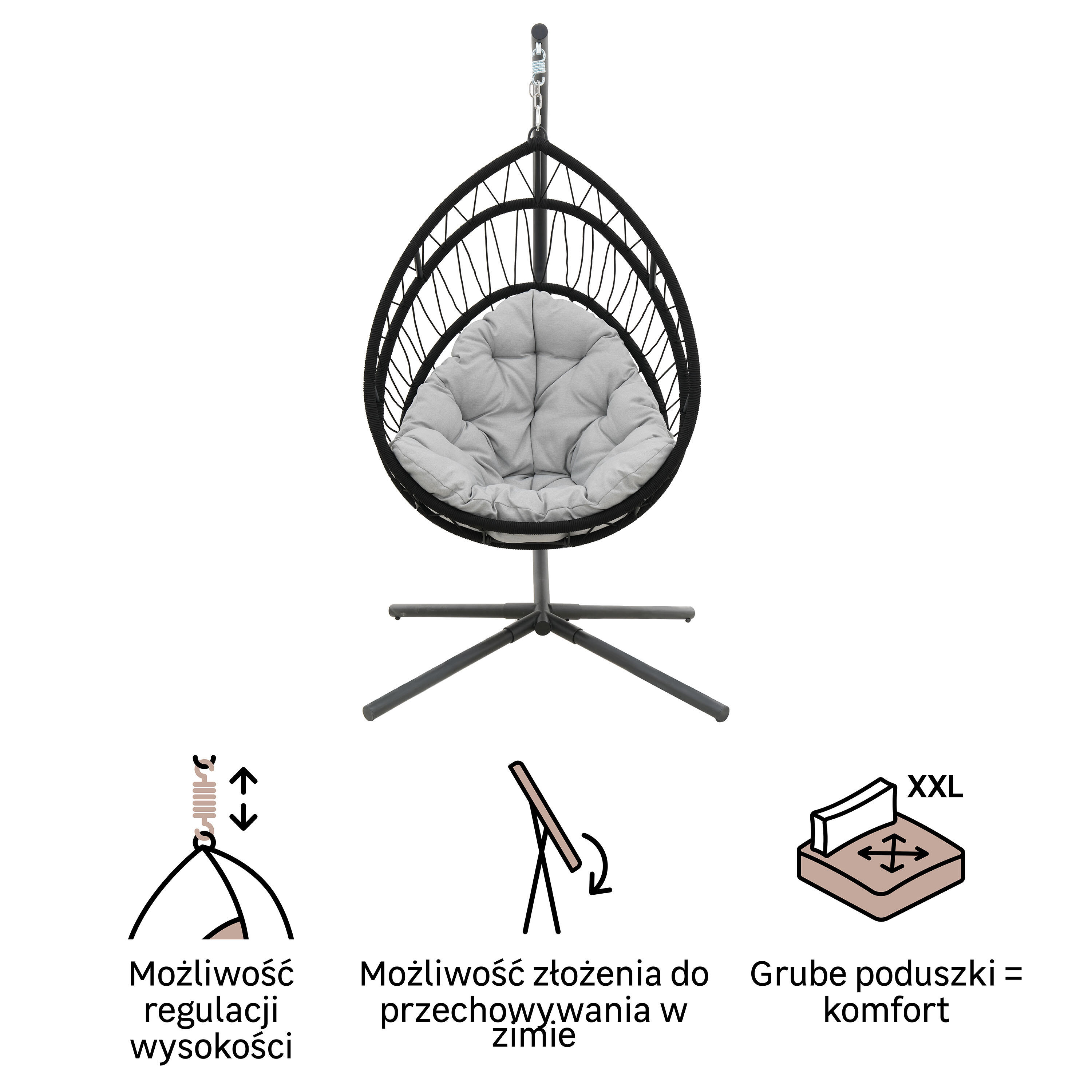 Fotel wiszący kokon Ovo składany kosz szary Naterial - 6