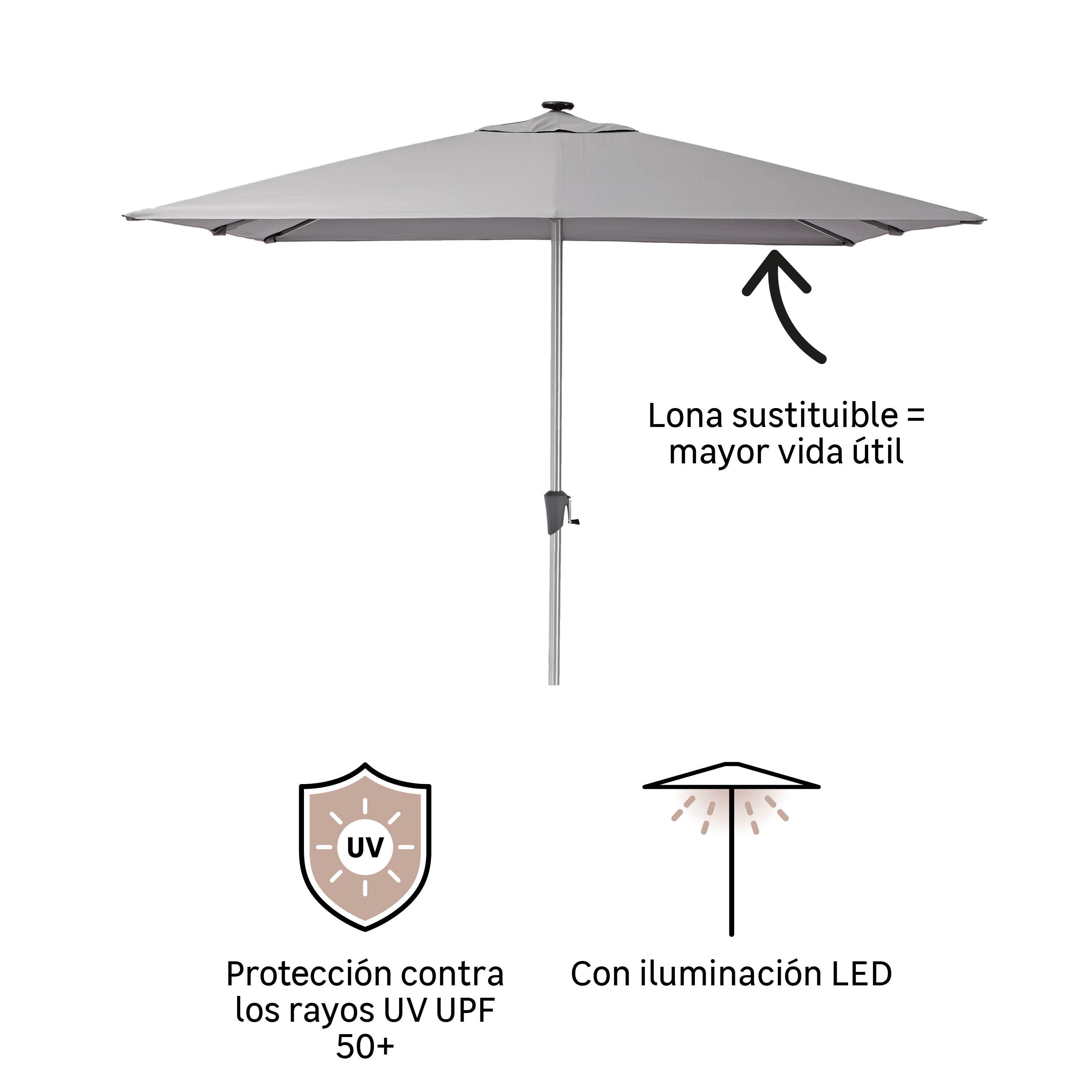 Parasol cuadrado de aluminio NATERIAL Sonora II LED taupé 285 cm - 3